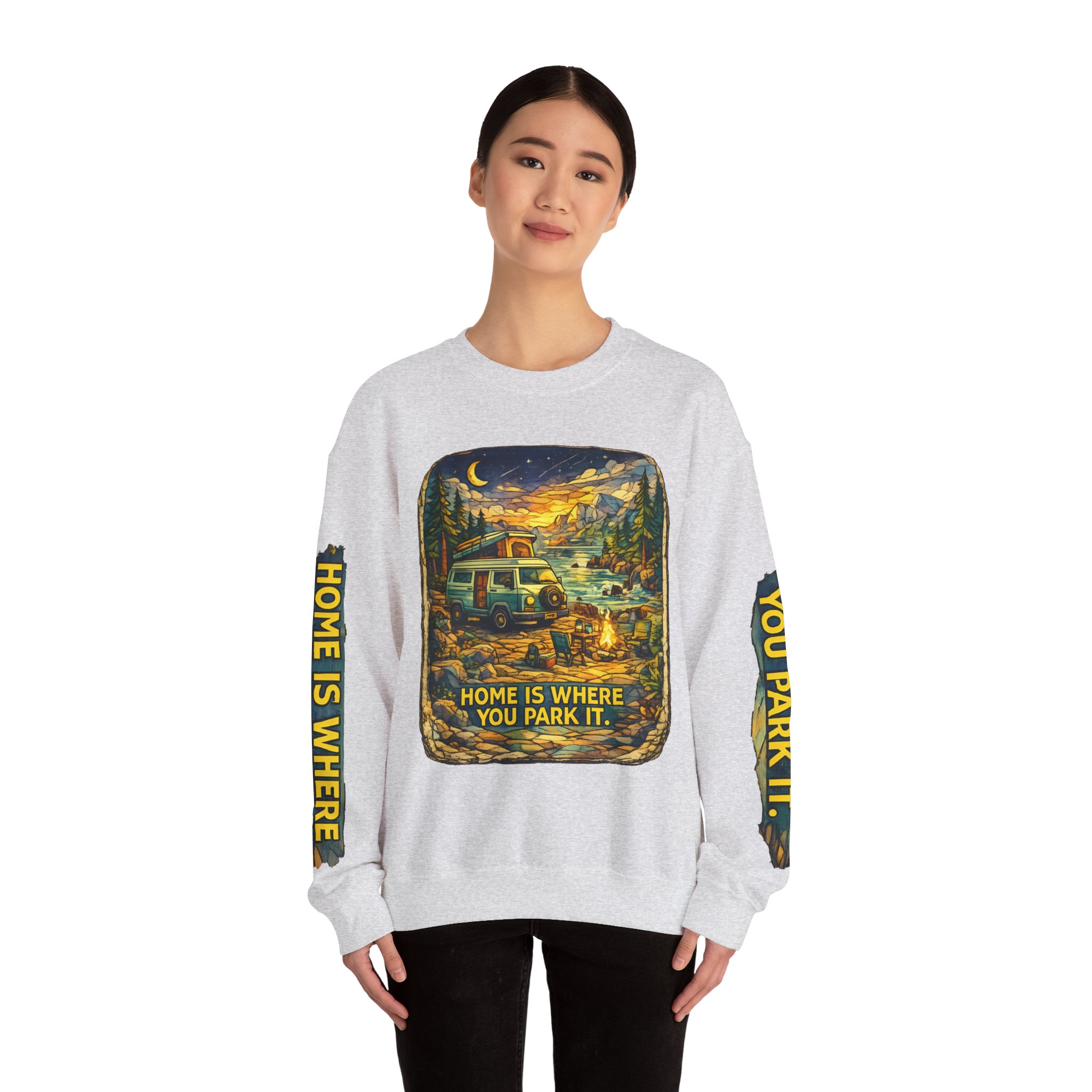 Unisex Heavy Blend™ Crewneck Sweatshirt — "Home Is Where You Park It" Design Cubic-Line