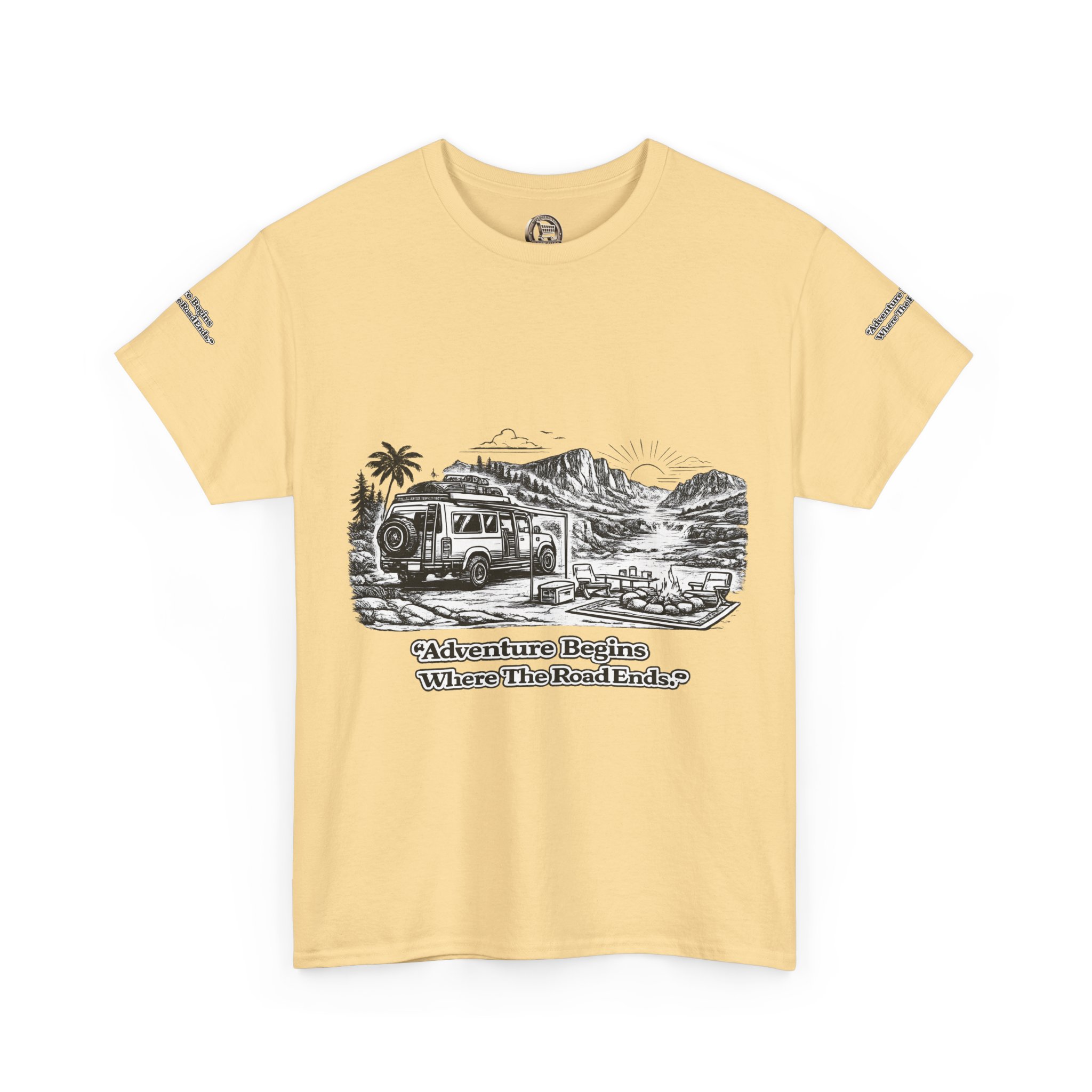 Unisex Heavy Cotton Tee — "Adventure Begins Where The Road Ends" Design Minimal-Line