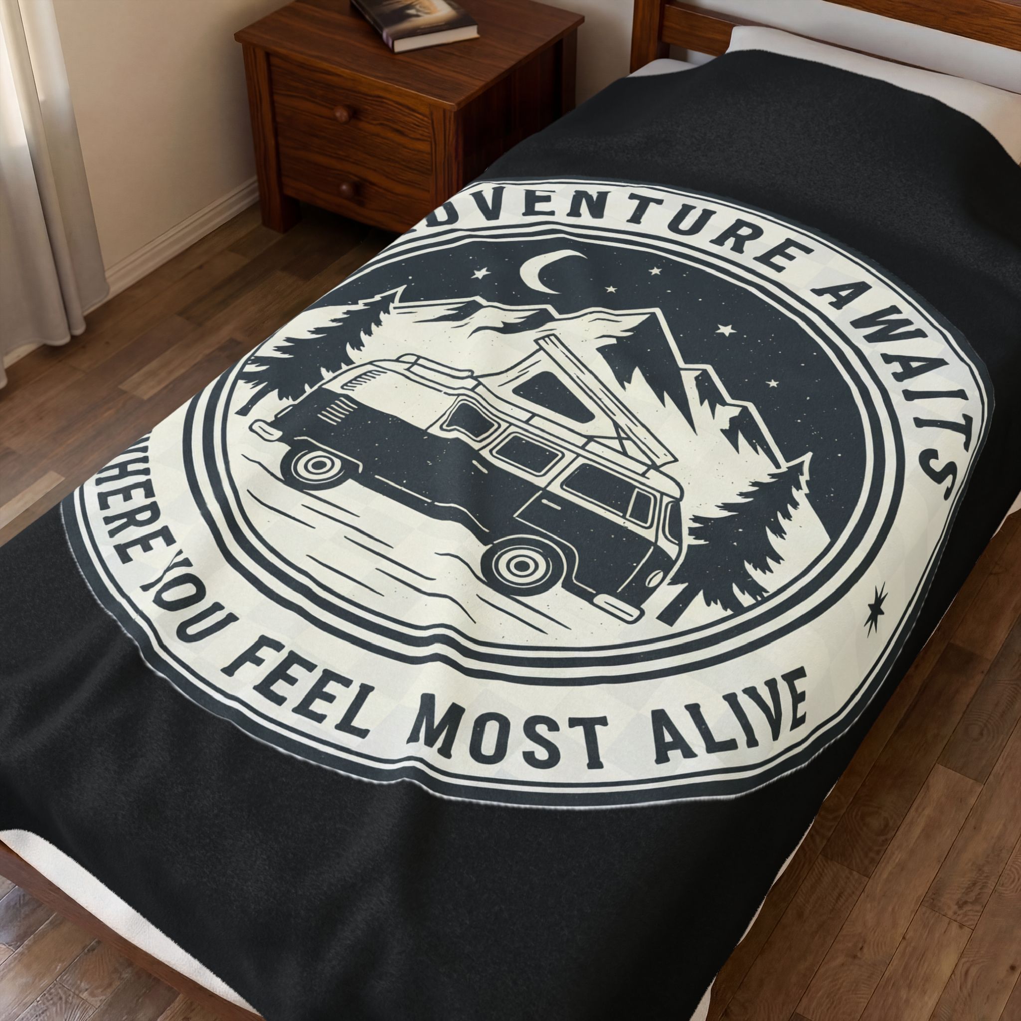 Velveteen Blanket —"Adventure Awaits-Go Where You Feel Most Alive" Camper Throw