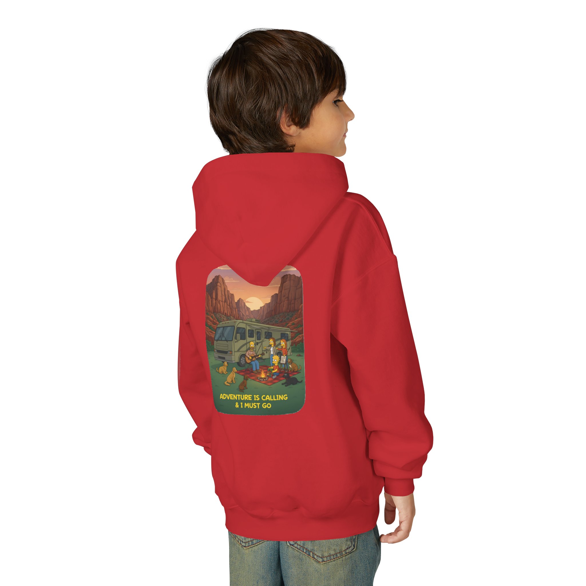 Youth Hoodie(Gildan) – "Adventure Is Calling-I Must Go" (Design Sitcom-Line)