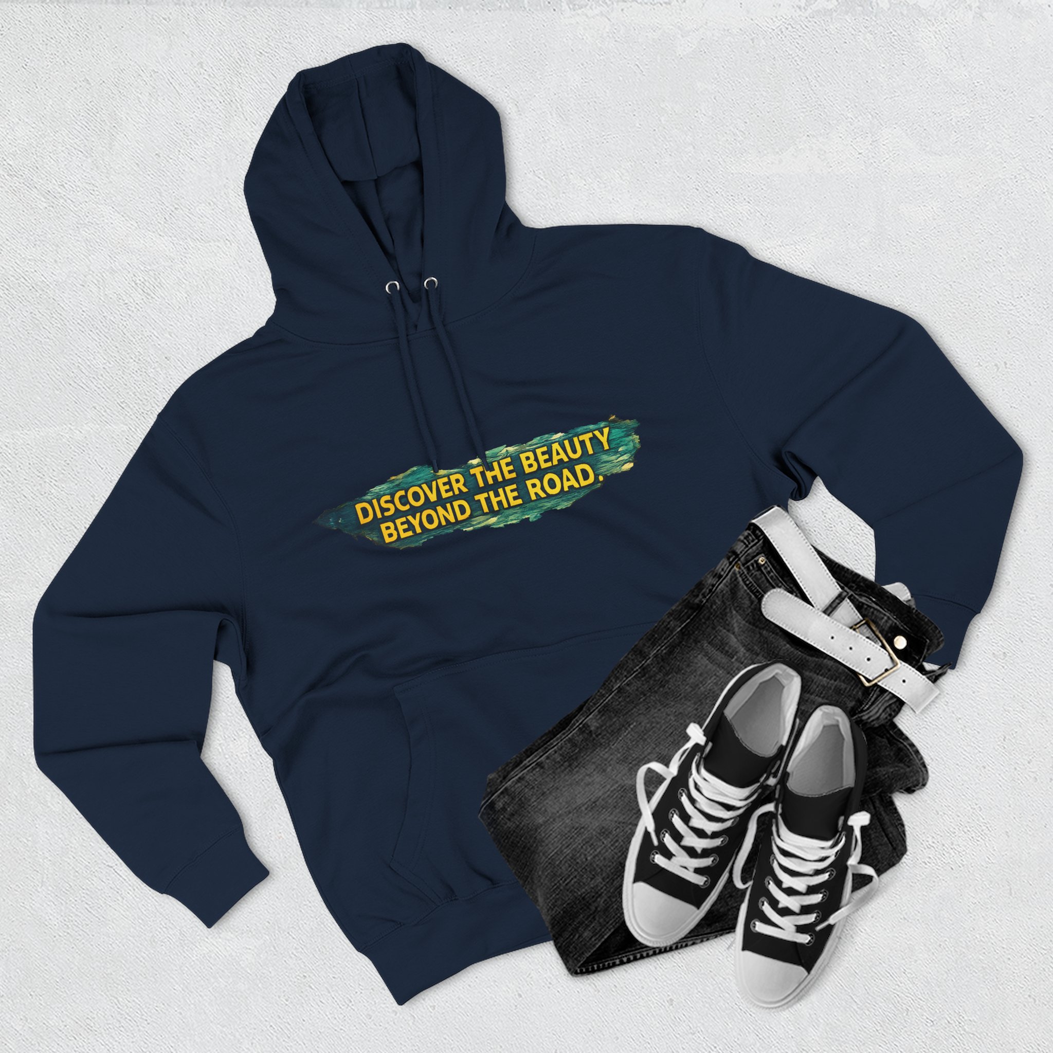 Three-Panel Fleece Hoodie - "Discover The Bieuty Beyond The Road" Design Cubic-Line
