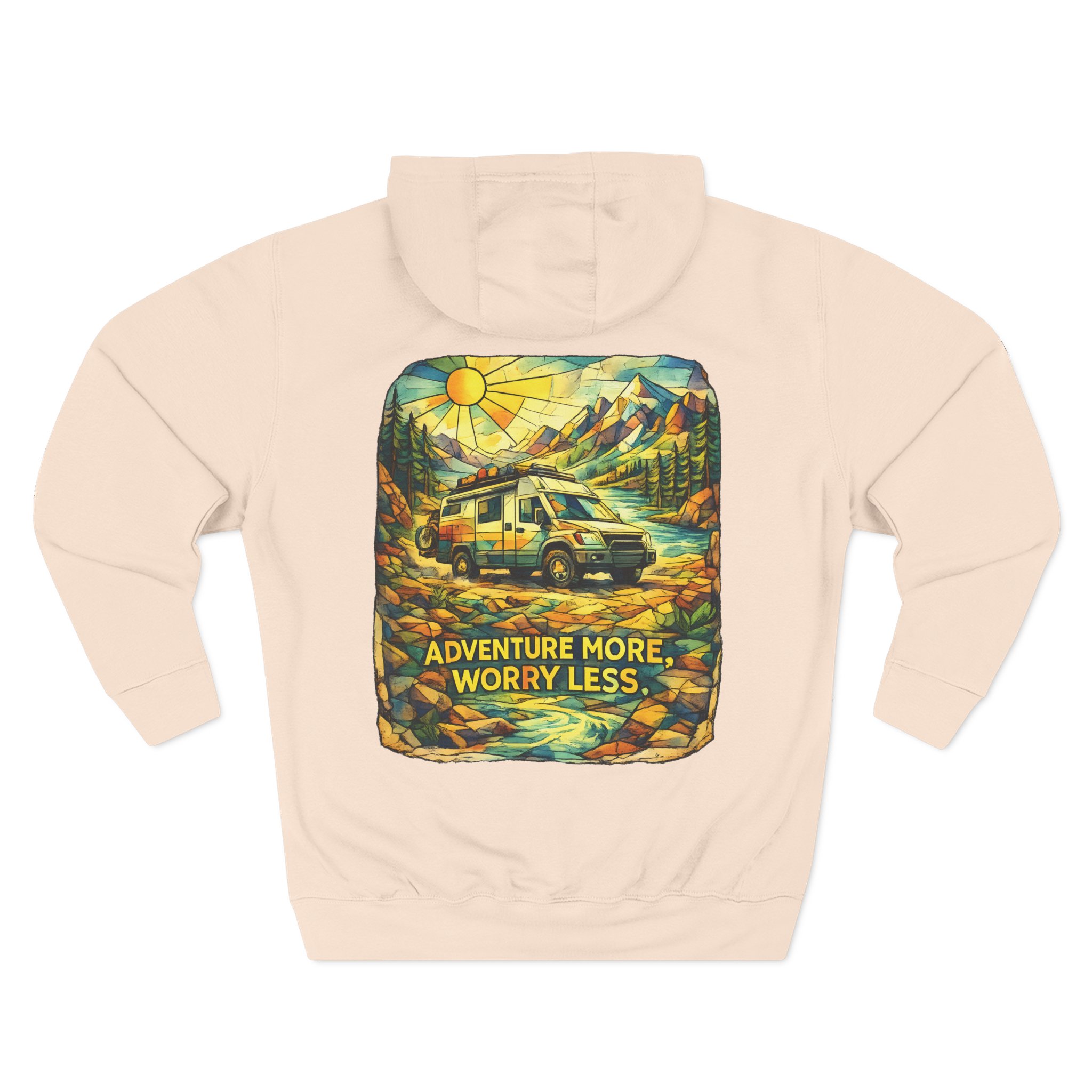 Three-Panel Fleece Hoodie - "Adventure More Worry Less" Design Cubic-Line