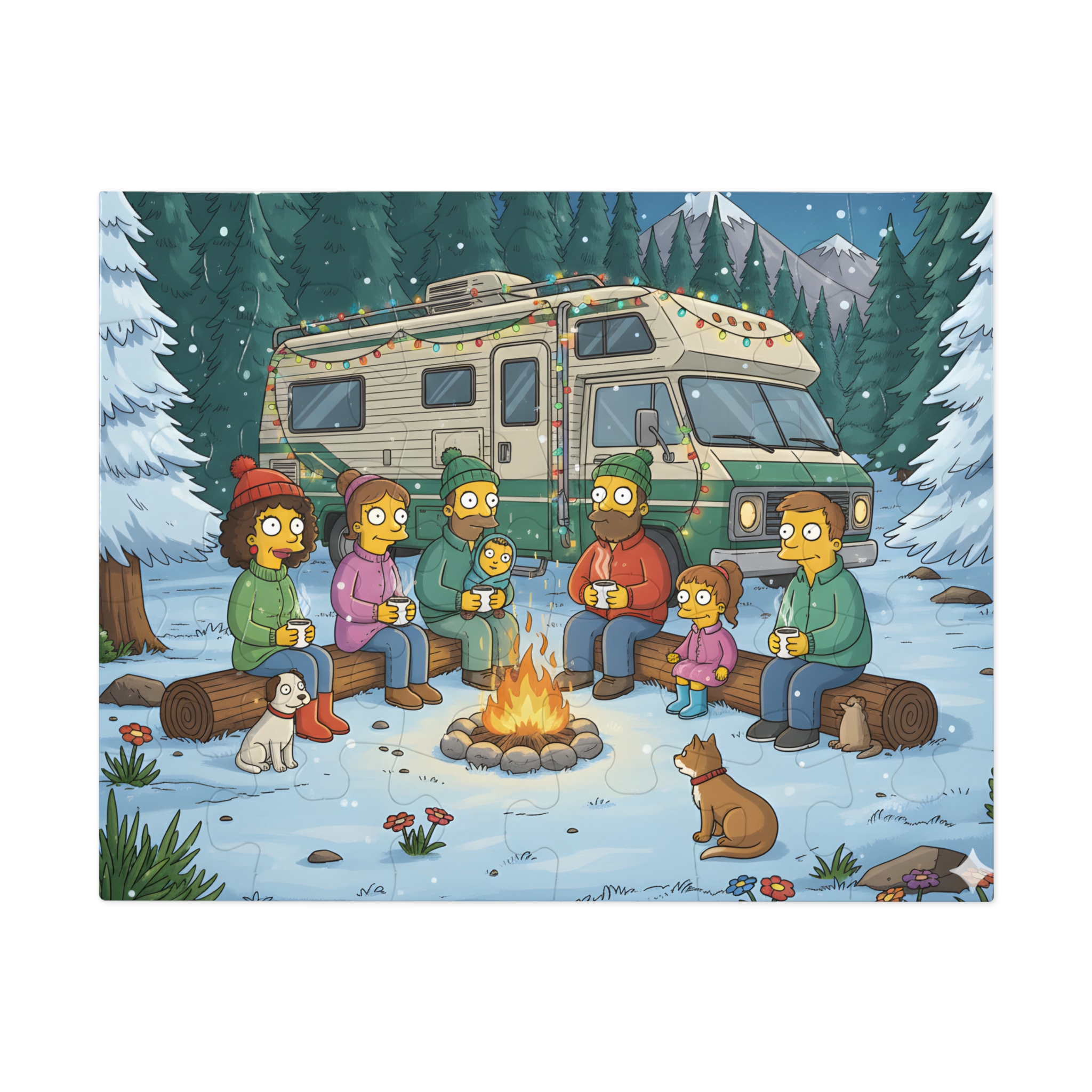 Jigsaw Puzzle with Tin — Cozy RV Winter Scene with Campfire
