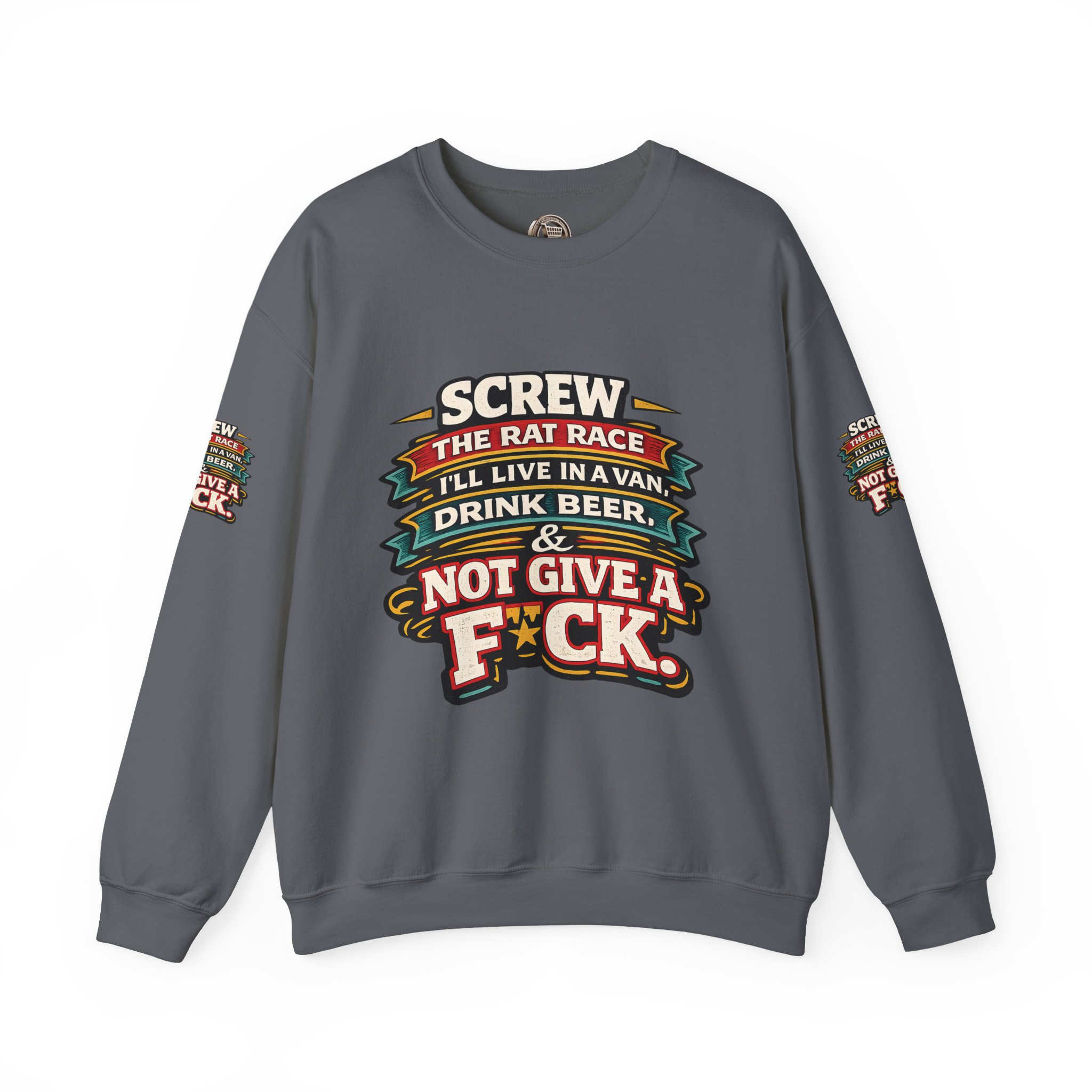 Unisex Heavy Blend™ Crewneck Sweatshirt — "Screw The Rat Race" Design F**K-Line