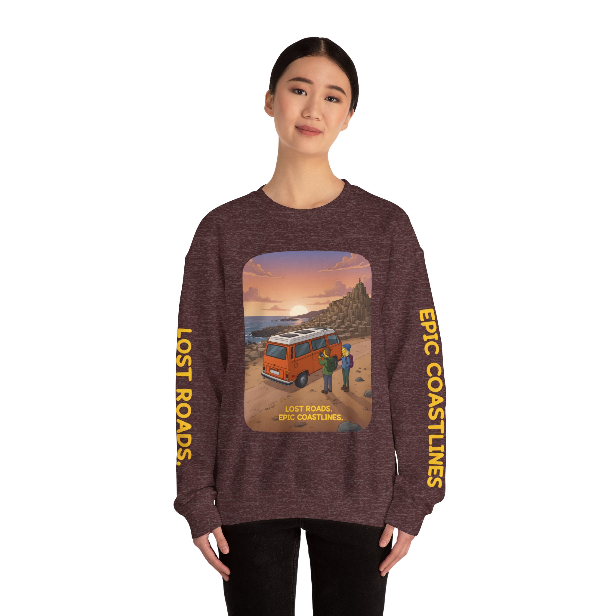 Unisex Heavy Blend™ Crewneck Sweatshirt — "Lost Roads Epic Coastlines" Design Sitcom-Line