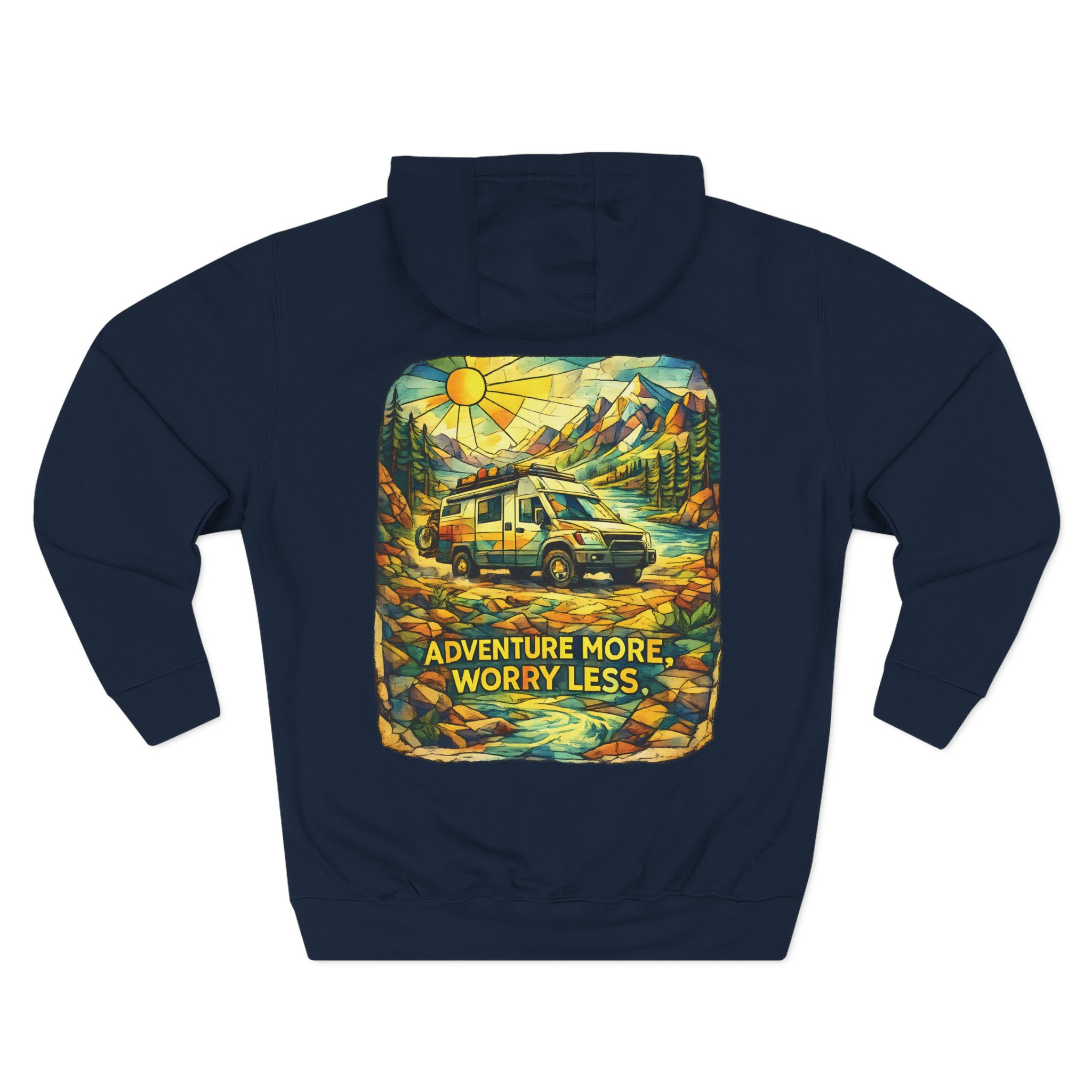 Three-Panel Fleece Hoodie - "Adventure More Worry Less" Design Cubic-Line