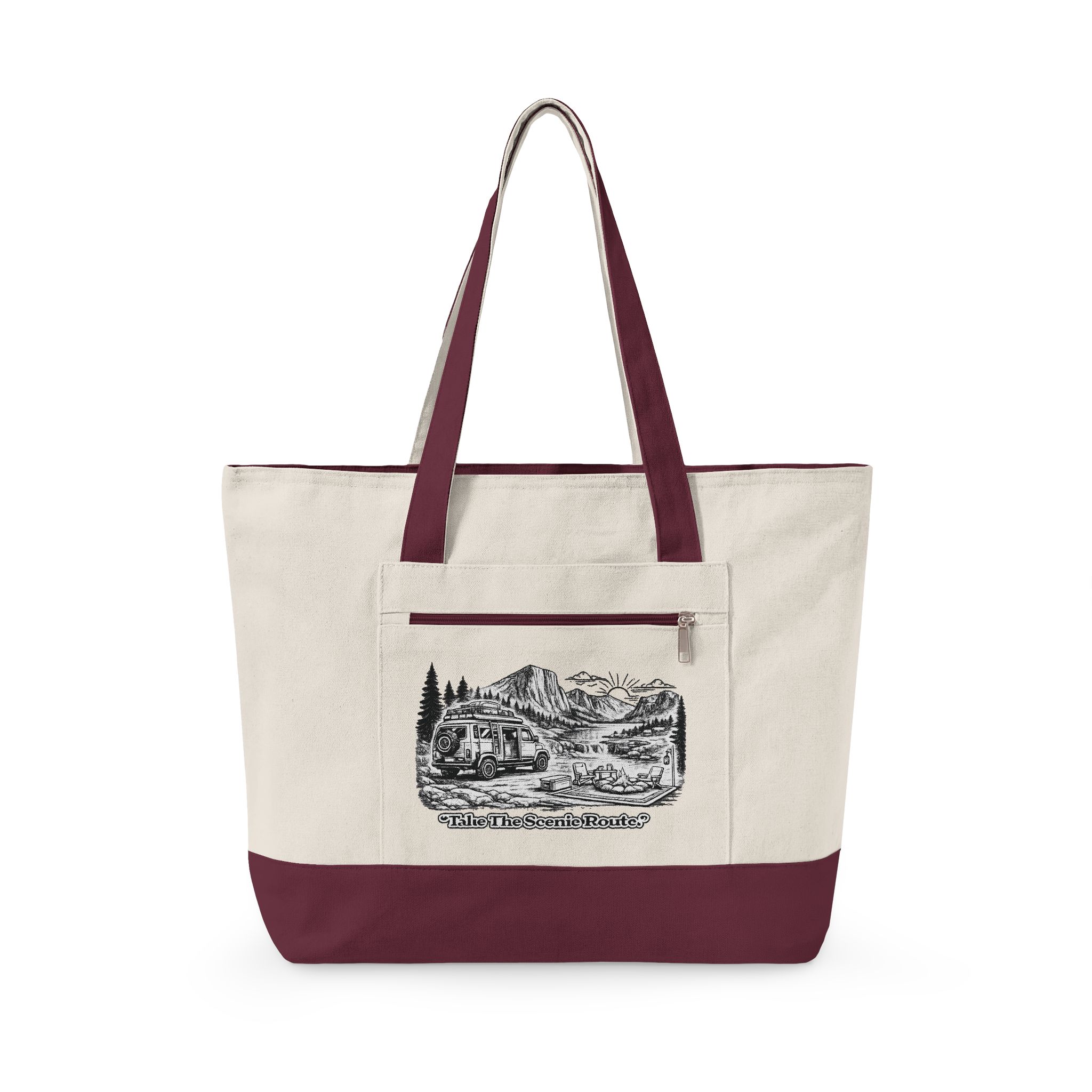 Zippered Canvas Tote — "Take The Scenic Road" (Design Minimal-Line)