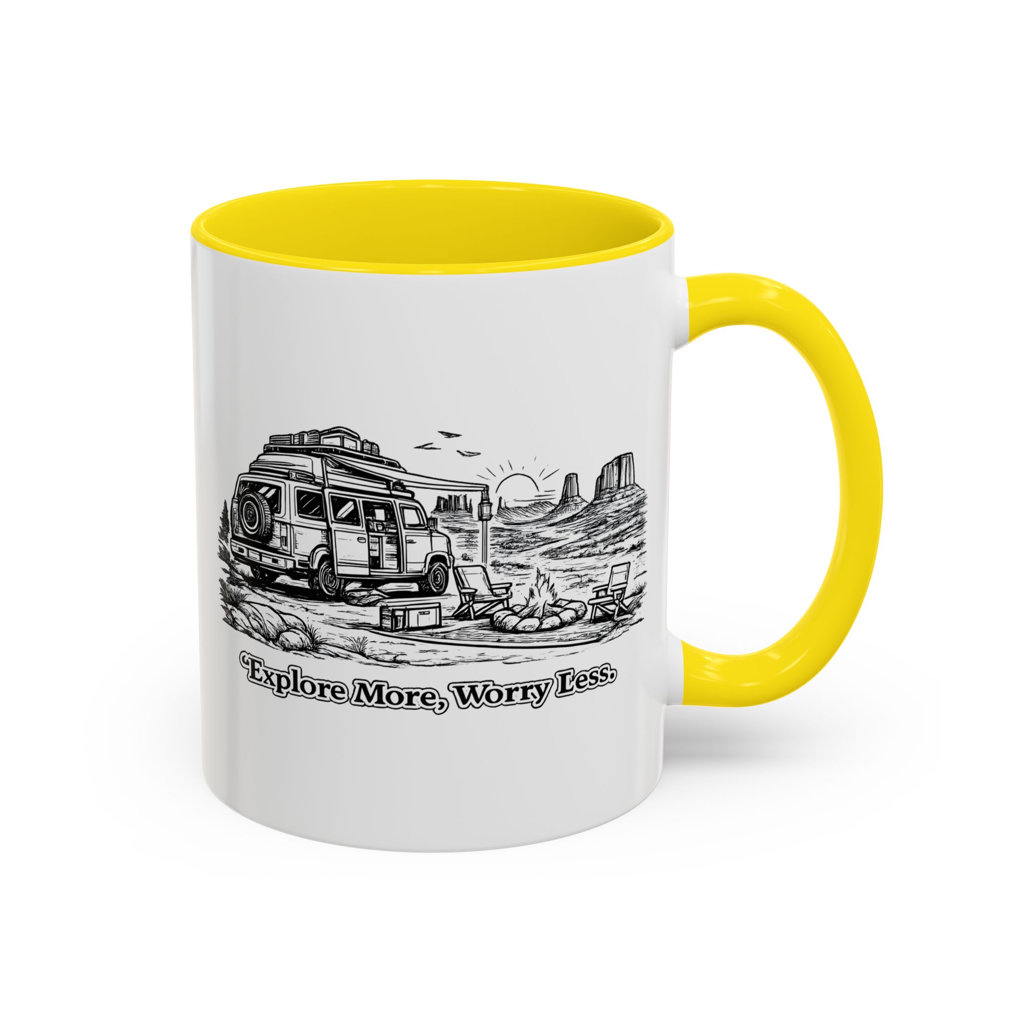 Accent Coffee Mug (11, 15oz) — "Explore More Worry Less" Design Minimal-Line