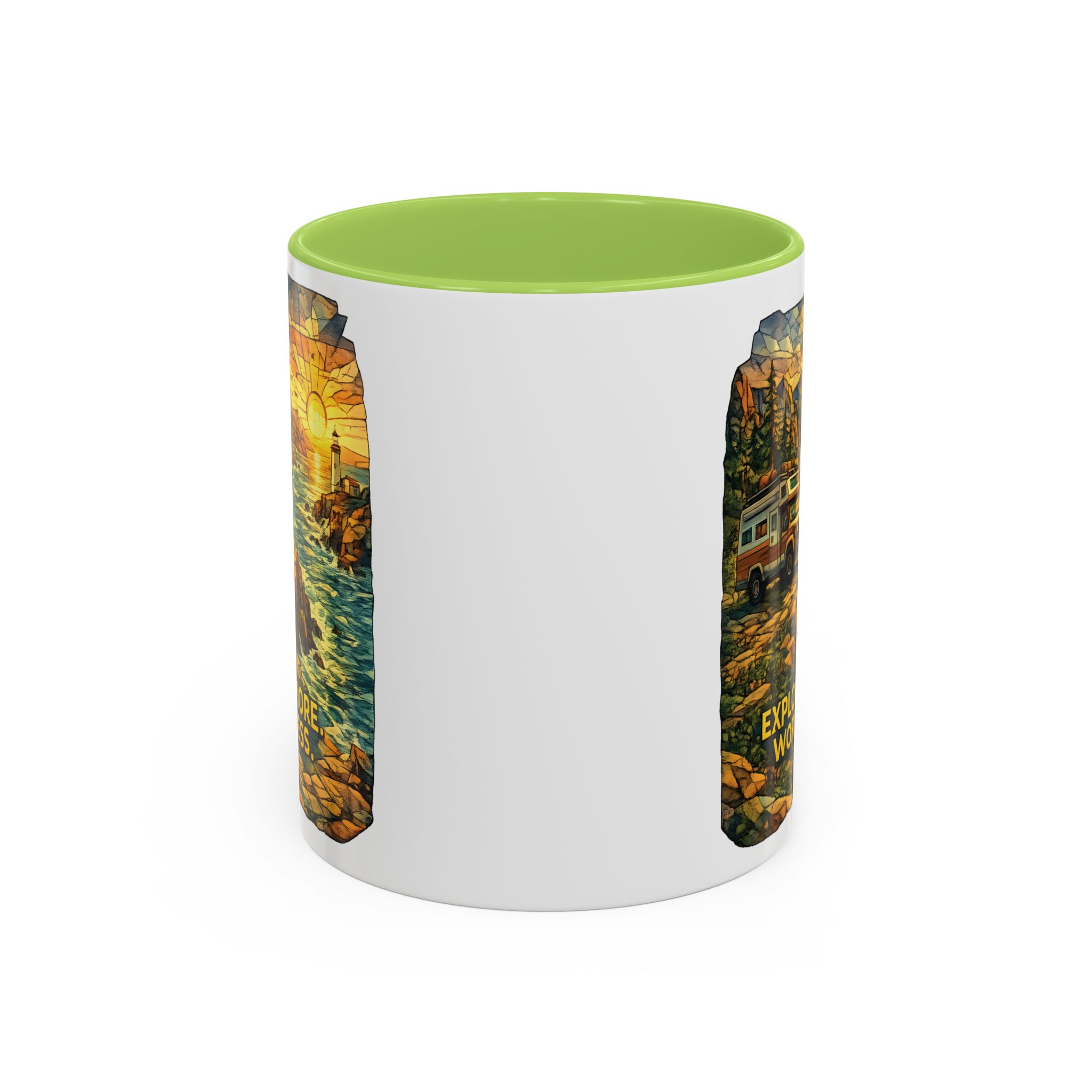 Accent Coffee Mug (11, 15oz) — "Explore More Worry Less" Design Cubic-Line