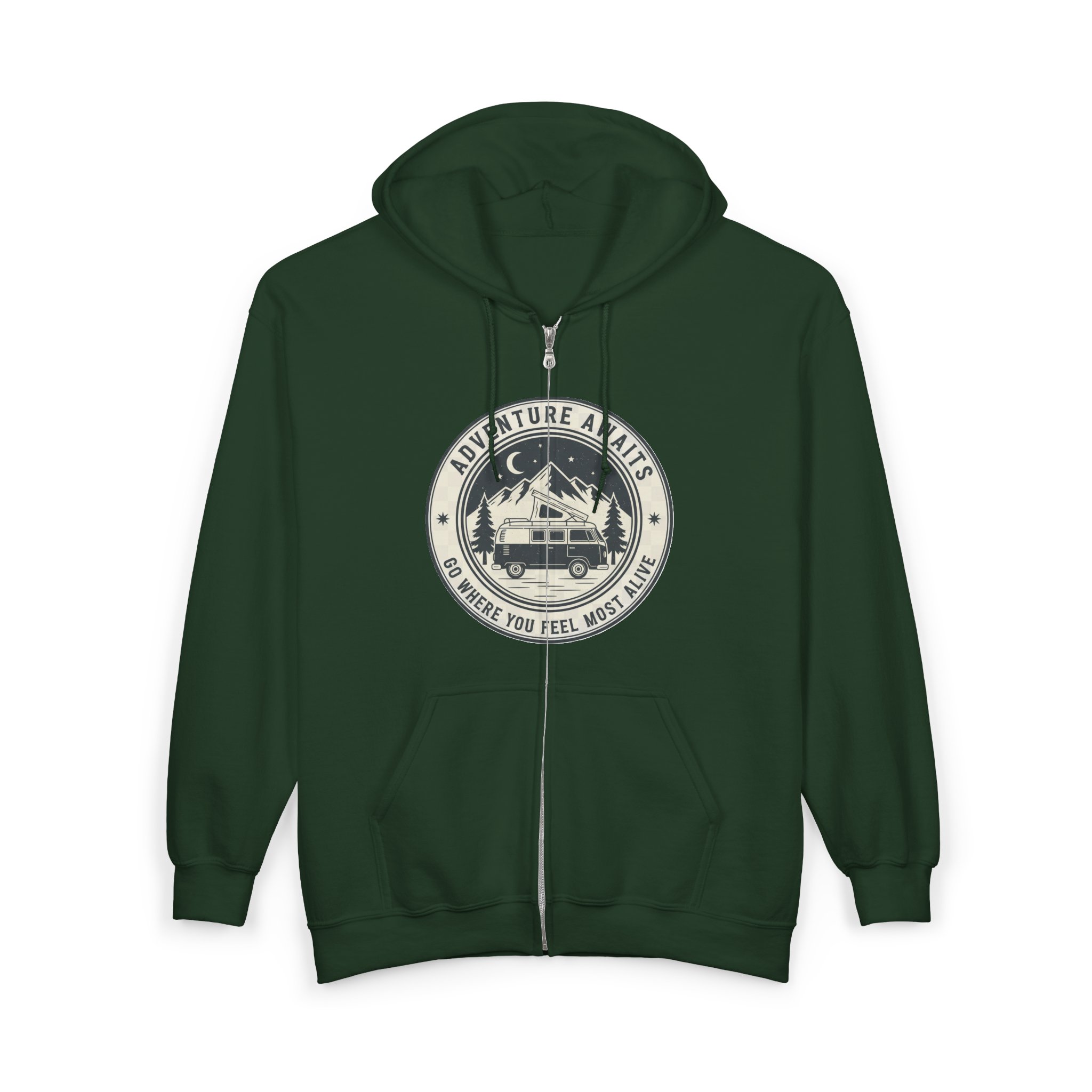 Zip Hoodie — "Adventure Awaits-Go Where You Feel Most Alive" (Only Front Printed) Camper Van Adventure Zip-Up