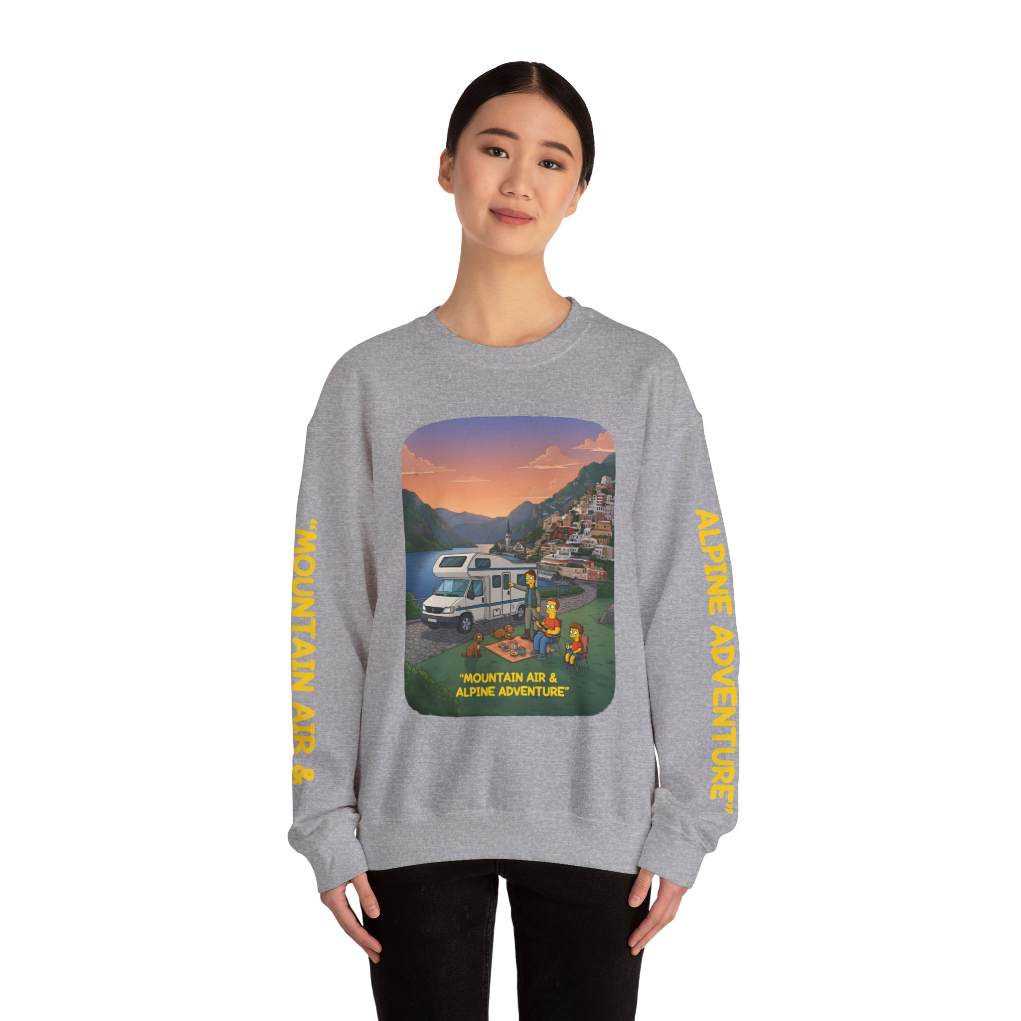 Unisex Heavy Blend™ Crewneck Sweatshirt — "Mountain Air-Alpine Adventure" Design Sitcom-Line