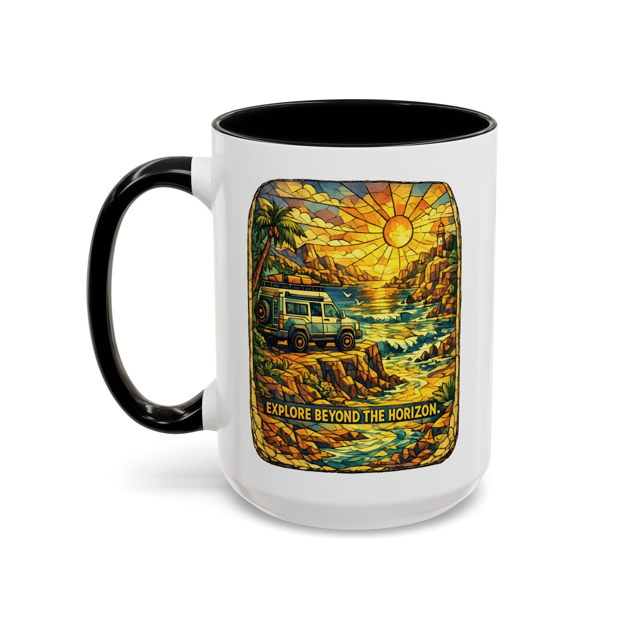 Accent Coffee Mug (11, 15oz) — "Explore Beyond The Horizon" Design Cubic-Line