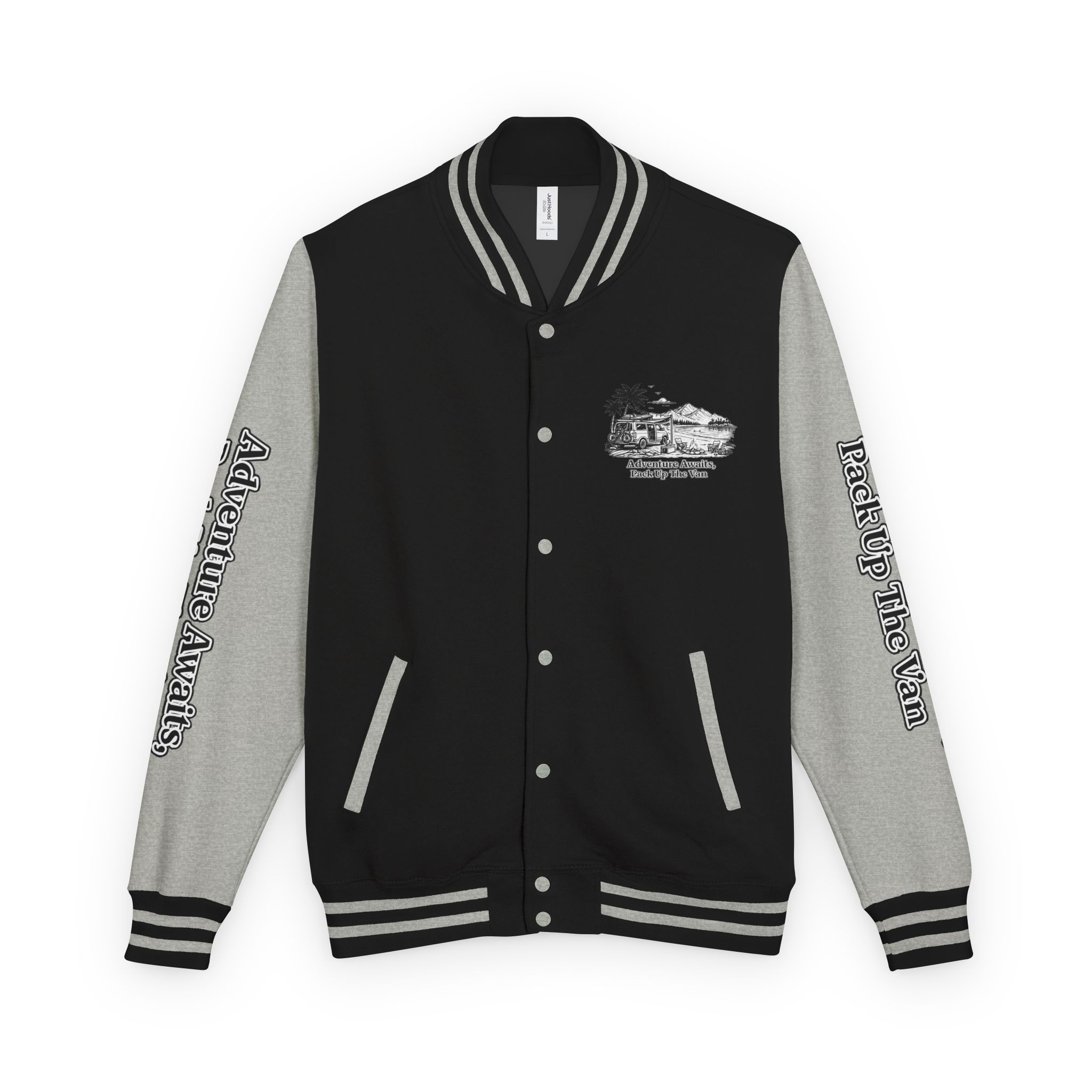 Unisex Heavyweight Letterman Jacket — "Adventure Awaits,Pack Up The Van" Travel Varsity Coat