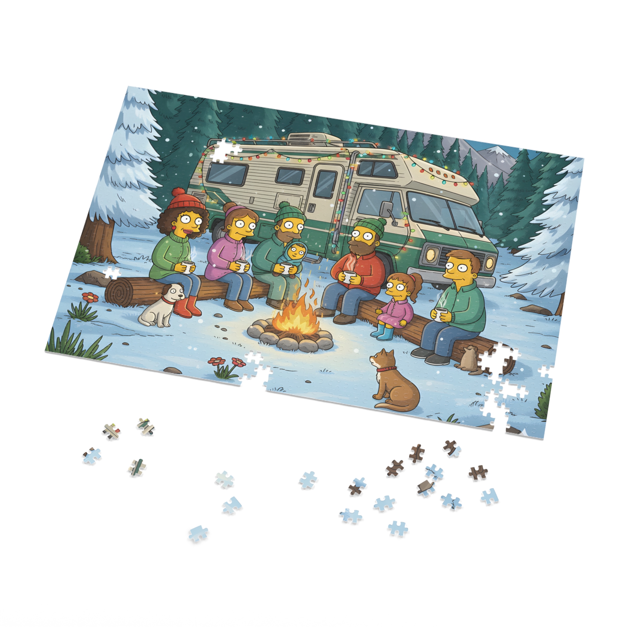 Jigsaw Puzzle with Tin — Cozy RV Winter Scene with Campfire