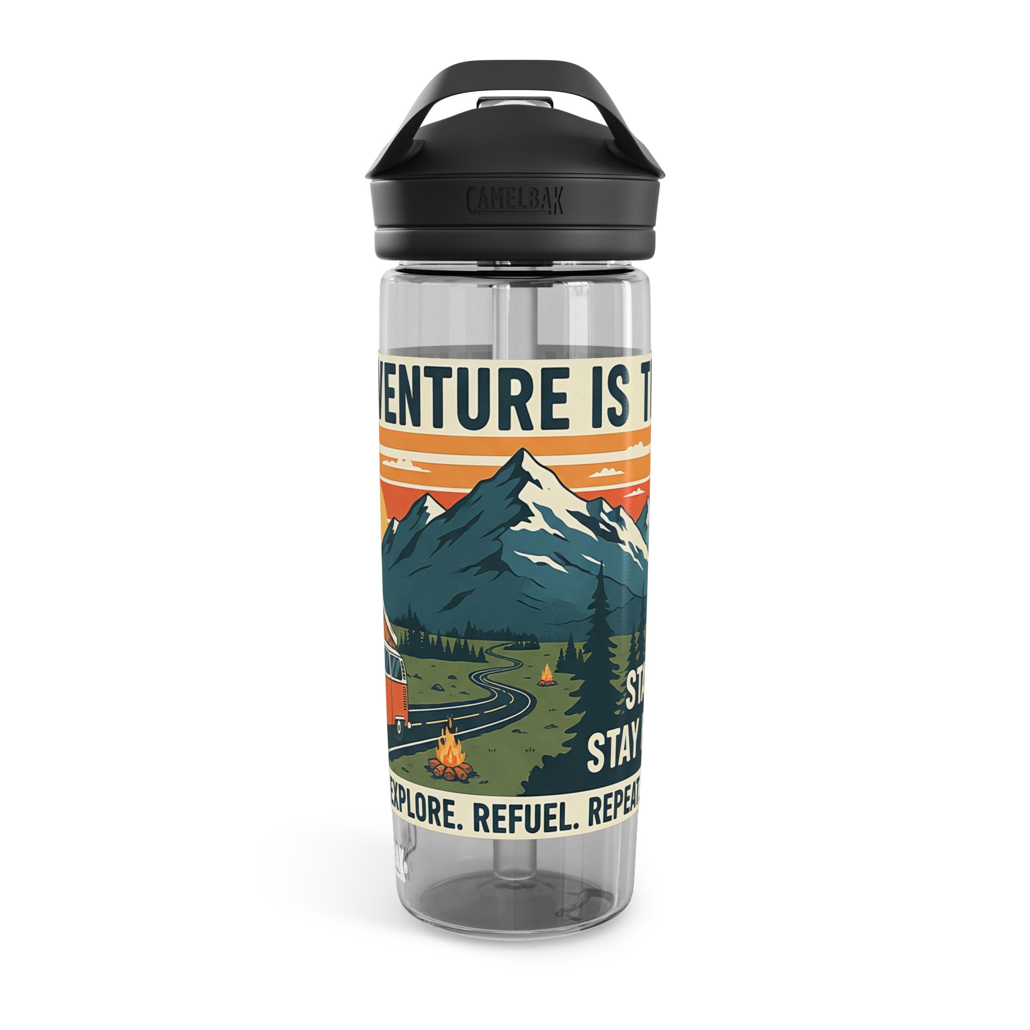 Water Bottle — 20/25oz CamelBak Eddy® | "Adventure Is Out There " Retro Mountain & Van Camping Design