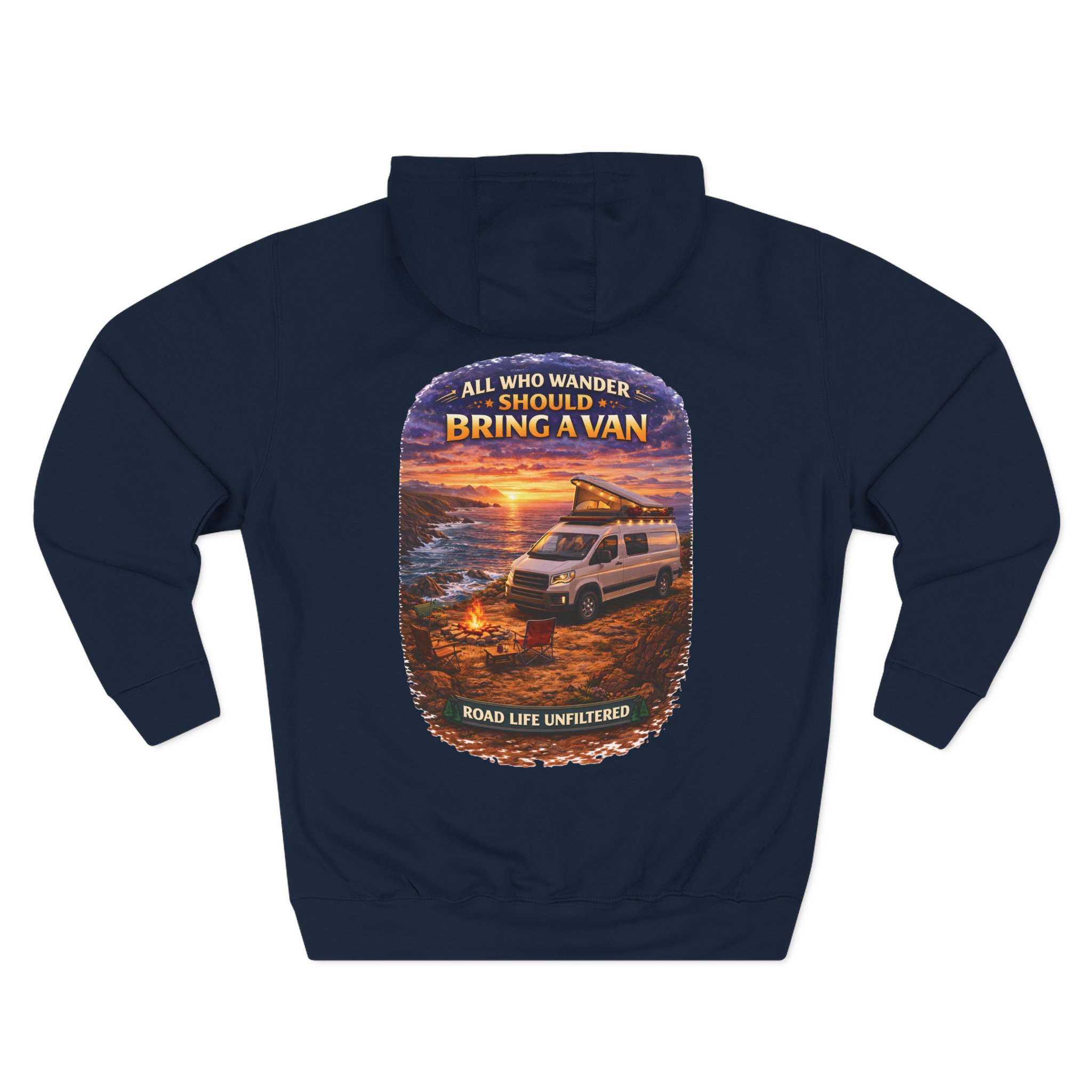 Three-Panel Fleece Hoodie - "All Who wander Should Bring A Van" Design Scenic-Line