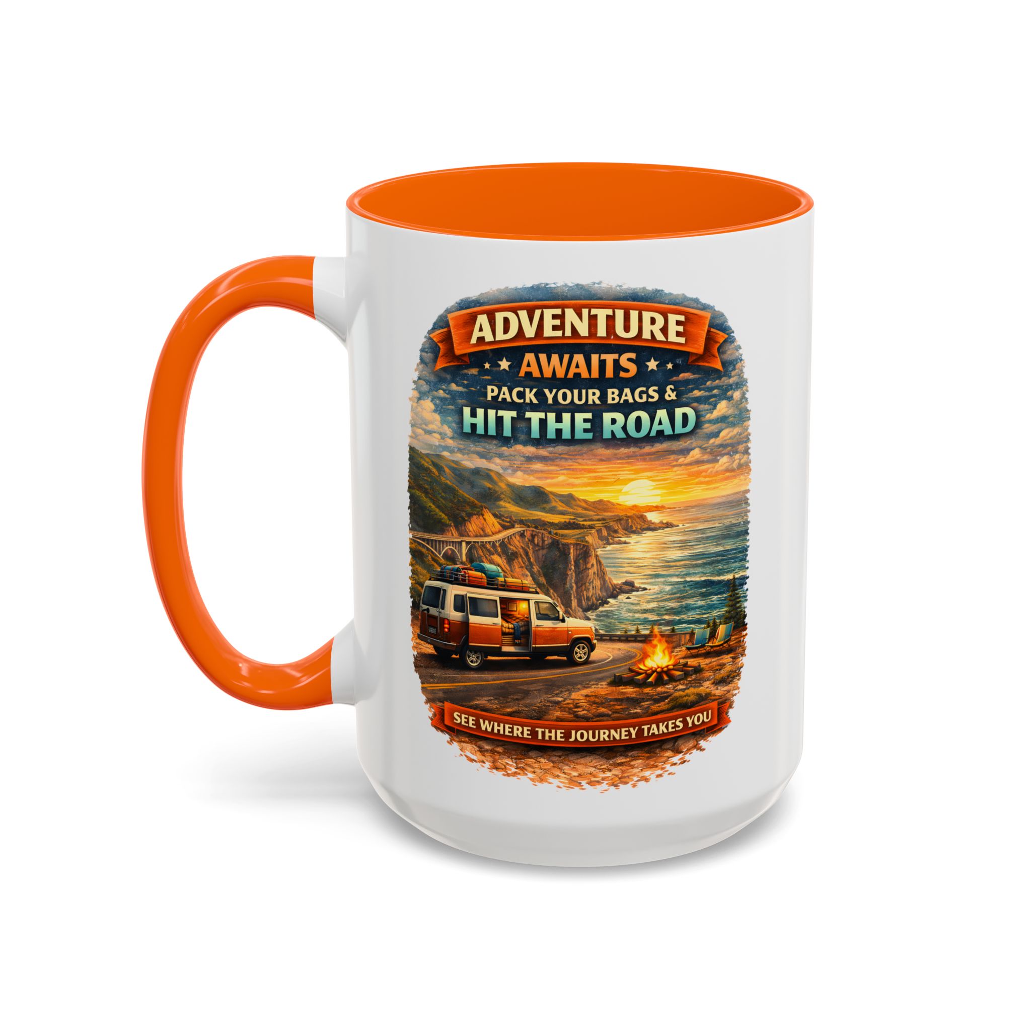 Accent Coffee Mug (11, 15oz) — "Adventure Awaits-Pack Your Bags" Design Scenic-Line