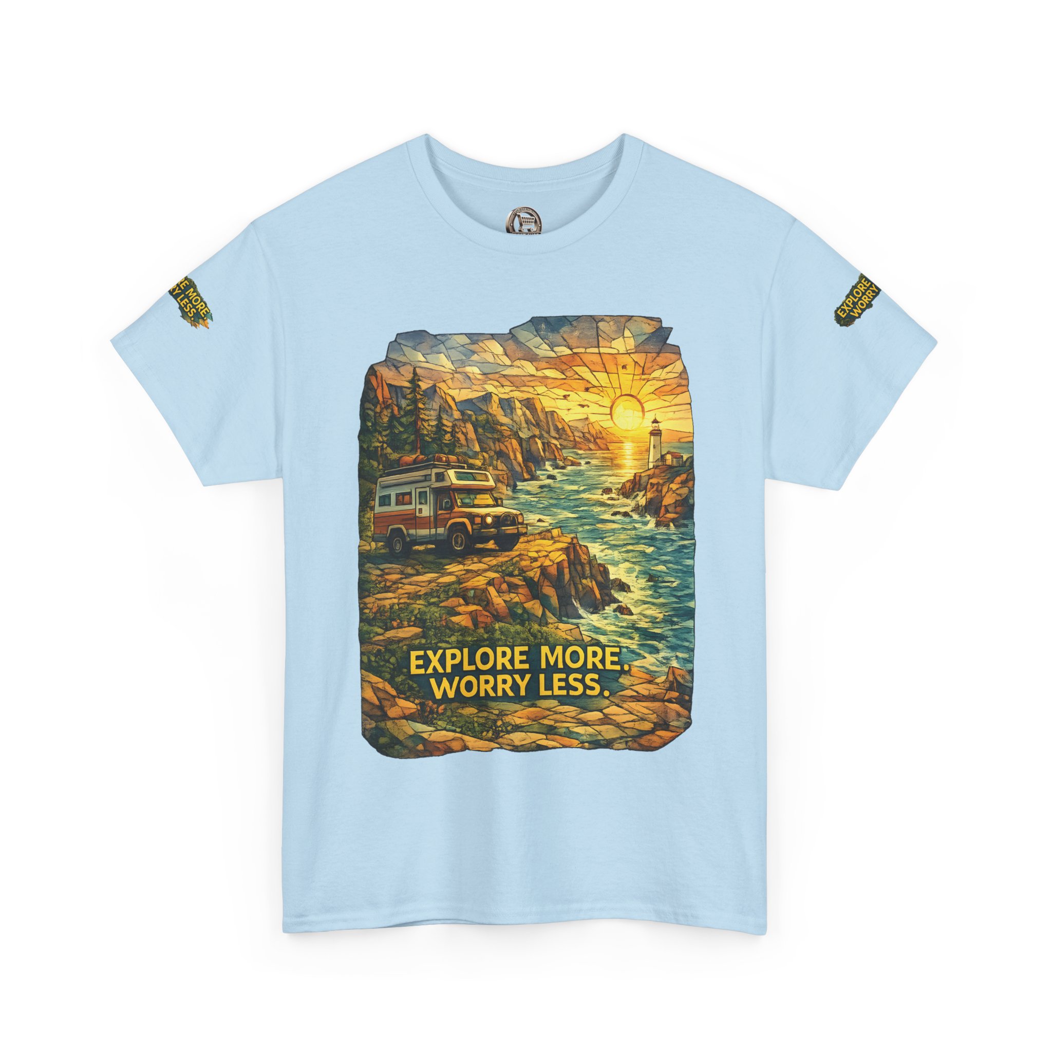 Unisex Heavy Cotton Tee — "Explore More Worry Less" Design Cubic-Line