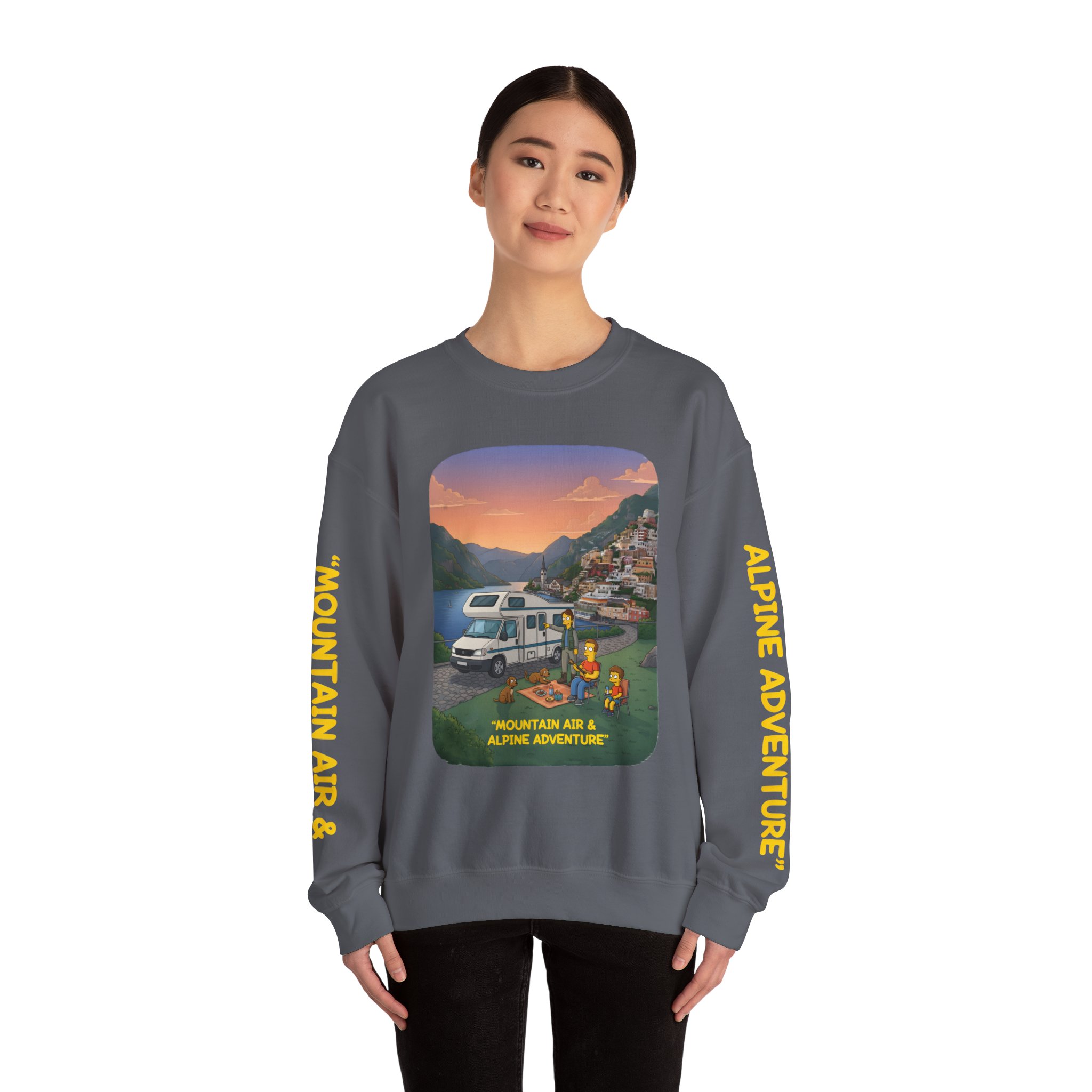 Unisex Heavy Blend™ Crewneck Sweatshirt — "Mountain Air-Alpine Adventure" Design Sitcom-Line