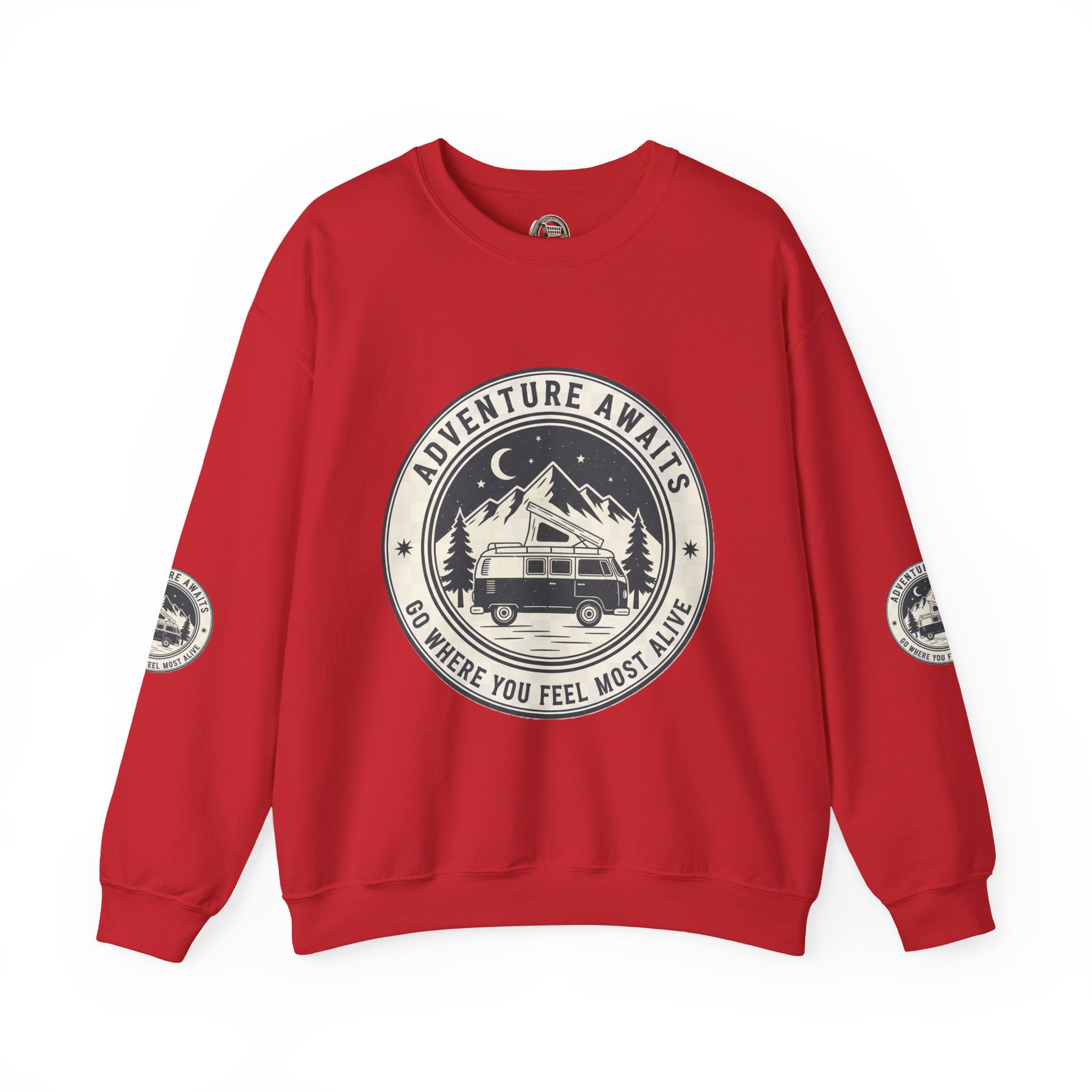 15188546142734107904_2048.jpeg Crewneck Sweatshirt — "Adventure Awaits-Go Where You Feel Most Alive" (Font + Back + Sleaves printed) Vintage Camper Van Outdoor Graphic