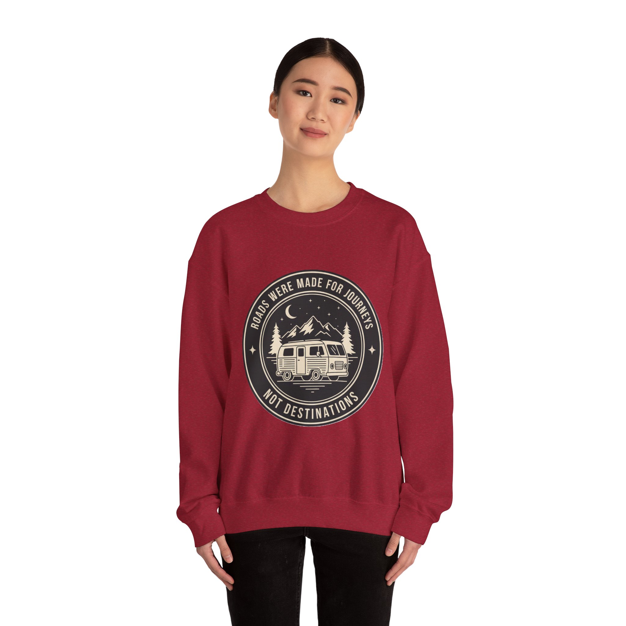 15190100134804423428_2048.jpeg Crewneck Sweatshirt — "ROAD WHERE MADE FOR JOURNEYS-NOT DESTINATIONS" (Ony Font printed) Vintage Camper Van Outdoor Graphic