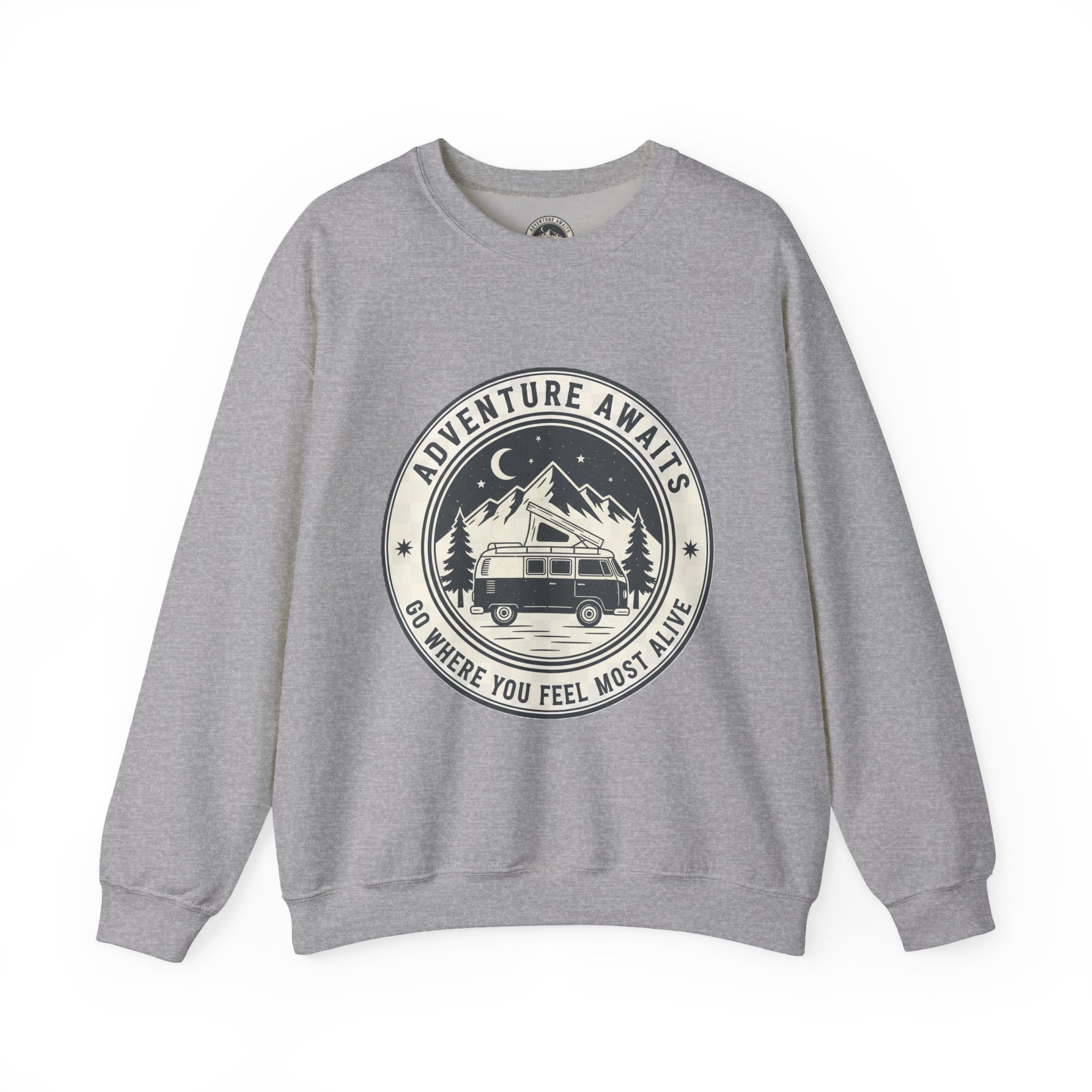 15198936810473526452_2048.jpeg Crewneck Sweatshirt — "Adventure Awaits-Go Where You Feel Most Alive" (Only Font + Back printed) Vintage Camper Van Outdoor Graphic