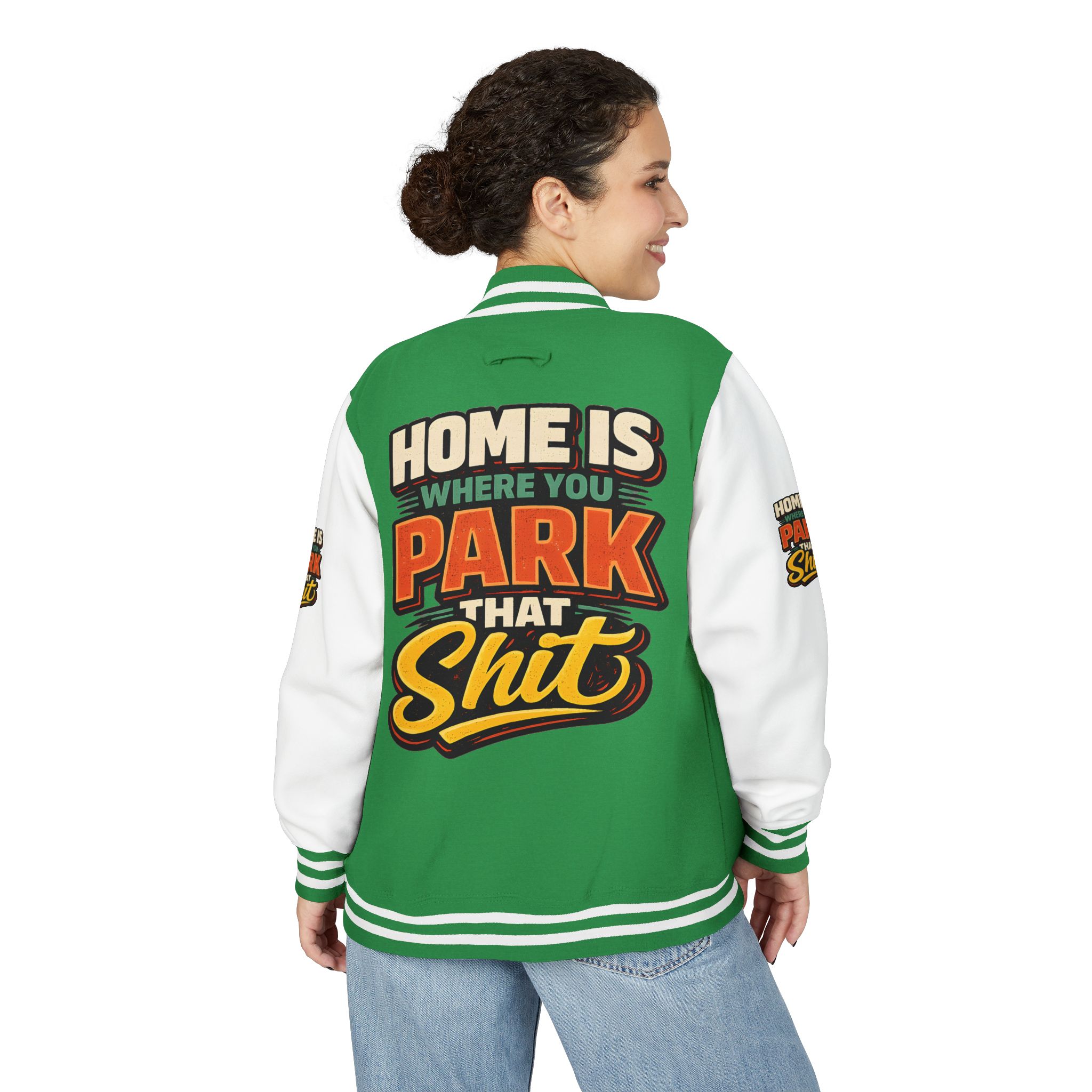 15213930445900538663_2048-2.jpeg Unisex Heavyweight Letterman Jacket — "Home Is Where You Park That Shit" Design F**K-Line