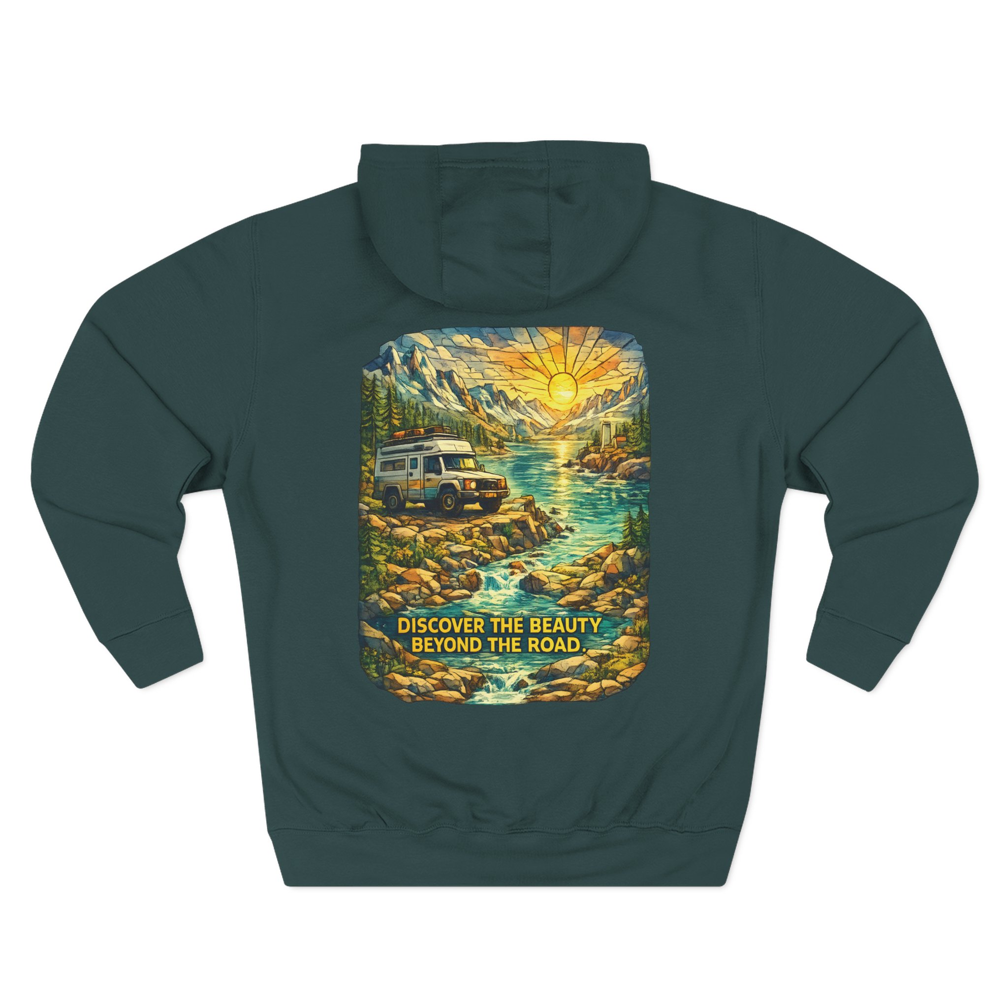 Three-Panel Fleece Hoodie - "Discover The Bieuty Beyond The Road" Design Cubic-Line