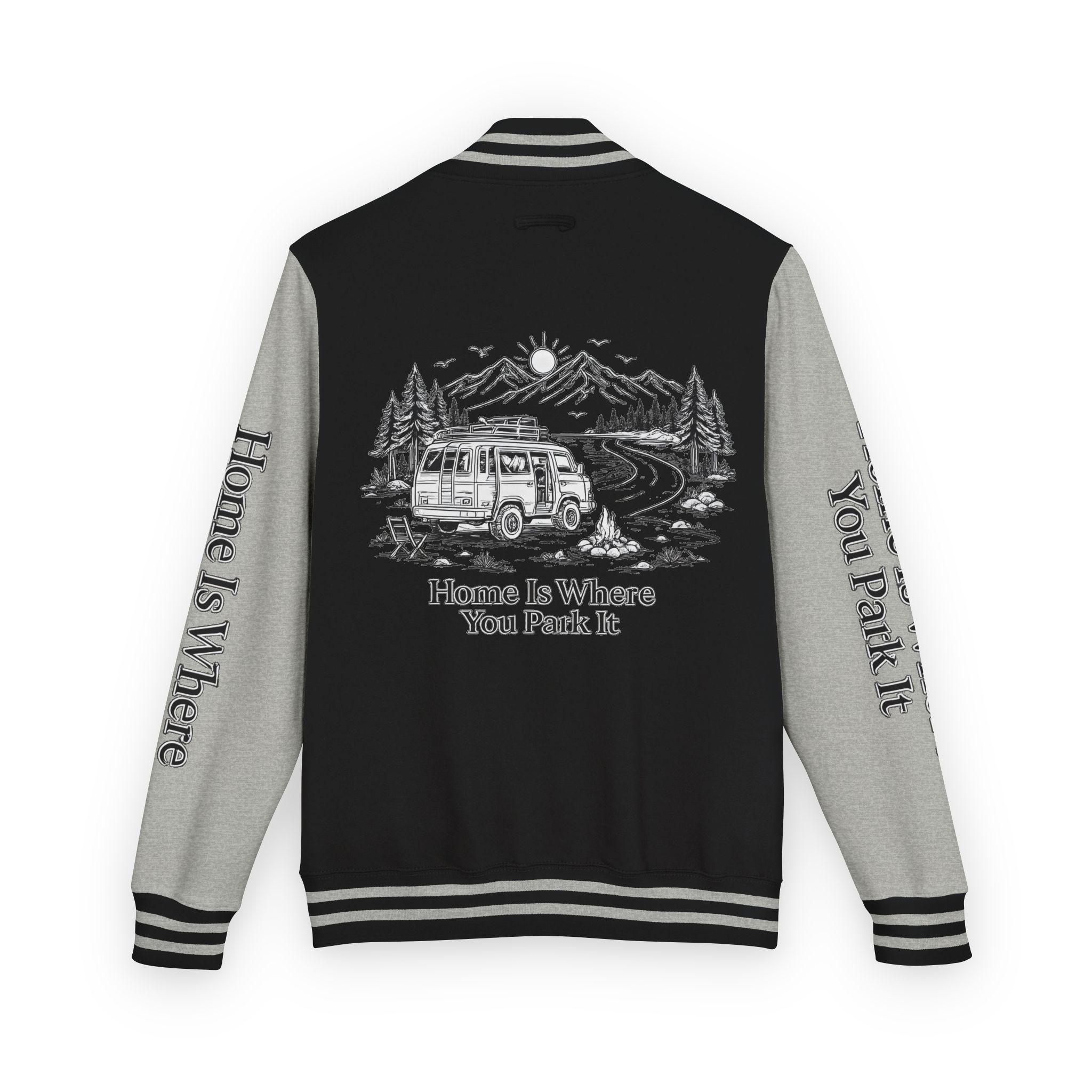 Unisex Heavyweight Letterman Jacket — "Home Is Where You Park It" Travel Varsity Coat