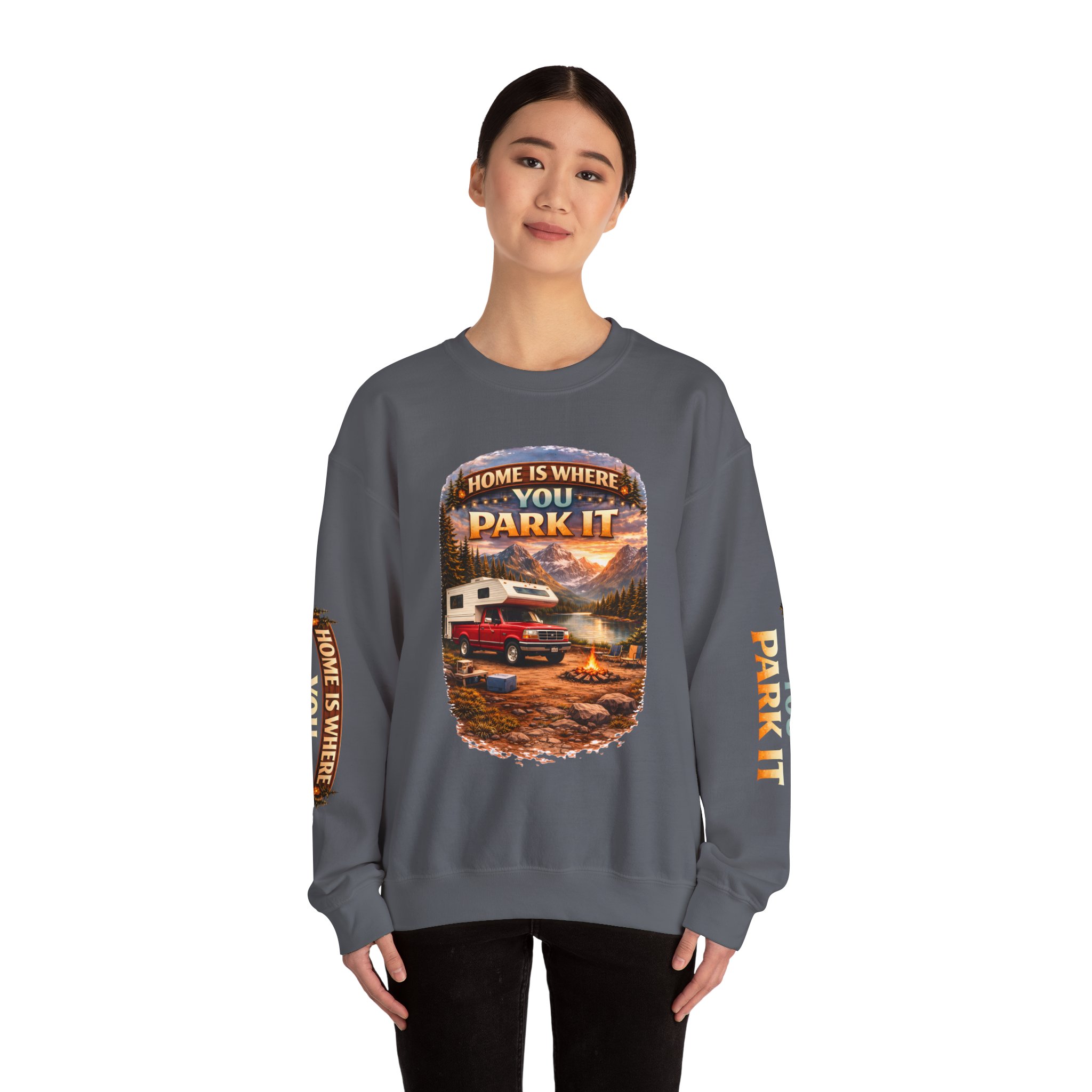 Unisex Heavy Blend™ Crewneck Sweatshirt — "Home Is Where You Park It" Design Scenic-Line