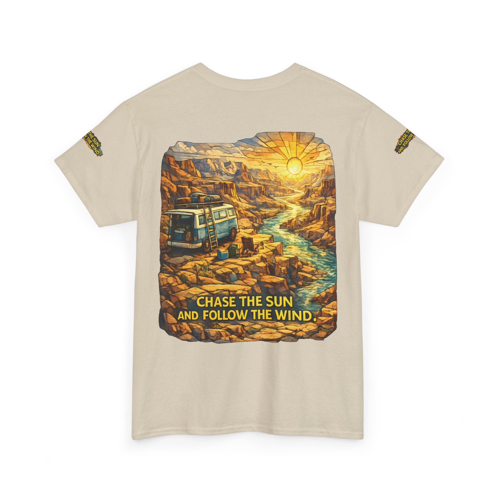 15224792691089666970_2048.jpeg Unisex Heavy Cotton Tee — "Chase The Sun And Follow The Wind" Design Cubic-Line