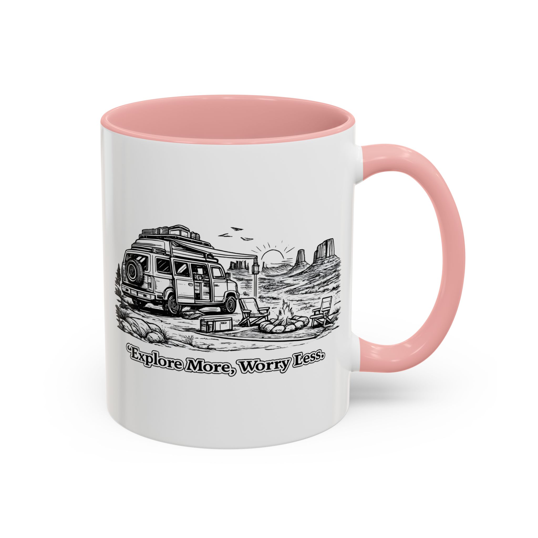 Accent Coffee Mug (11, 15oz) — "Explore More Worry Less" Design Minimal-Line