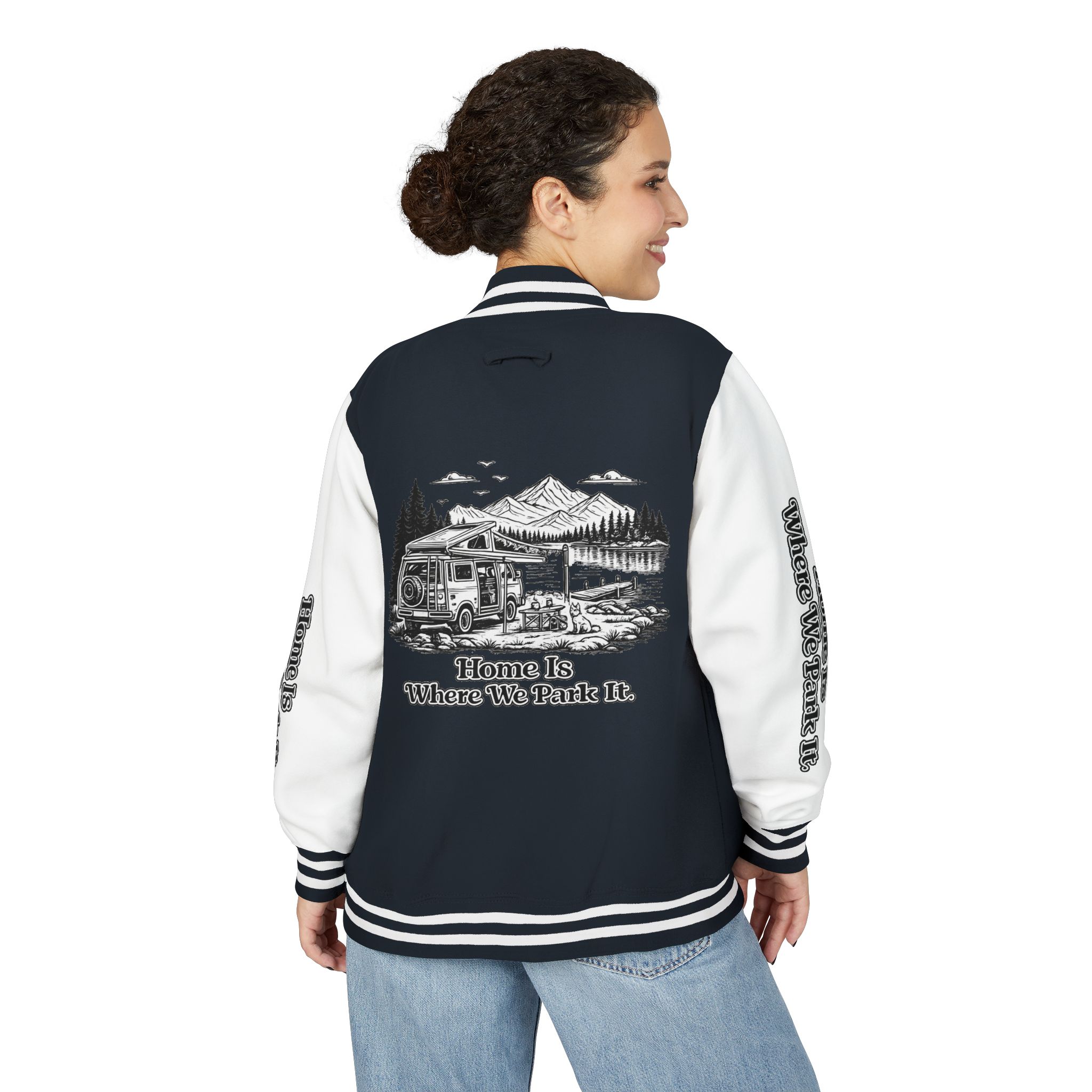 Unisex Heavyweight Letterman Jacket — "Home Is Where You Park It" Travel Varsity Coat