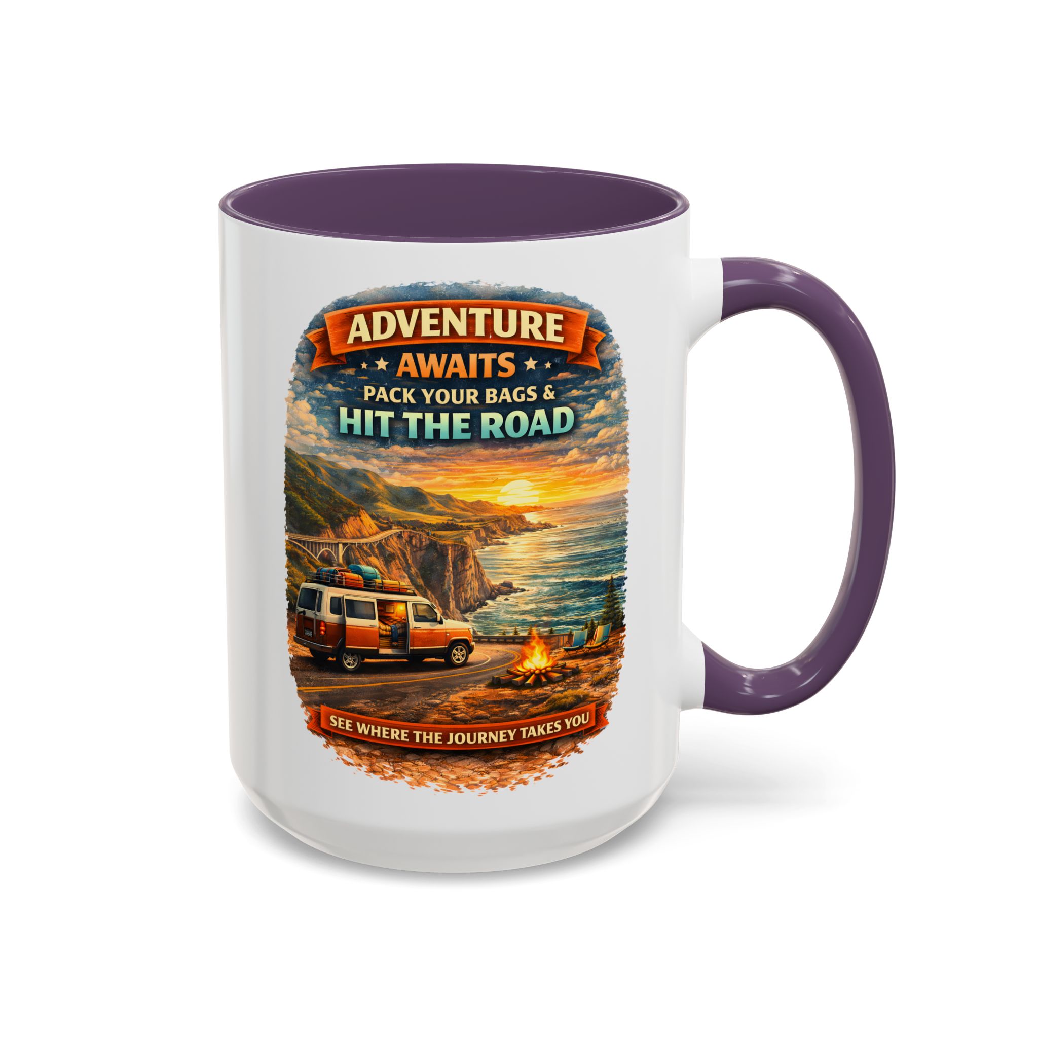 Accent Coffee Mug (11, 15oz) — "Adventure Awaits-Pack Your Bags" Design Scenic-Line