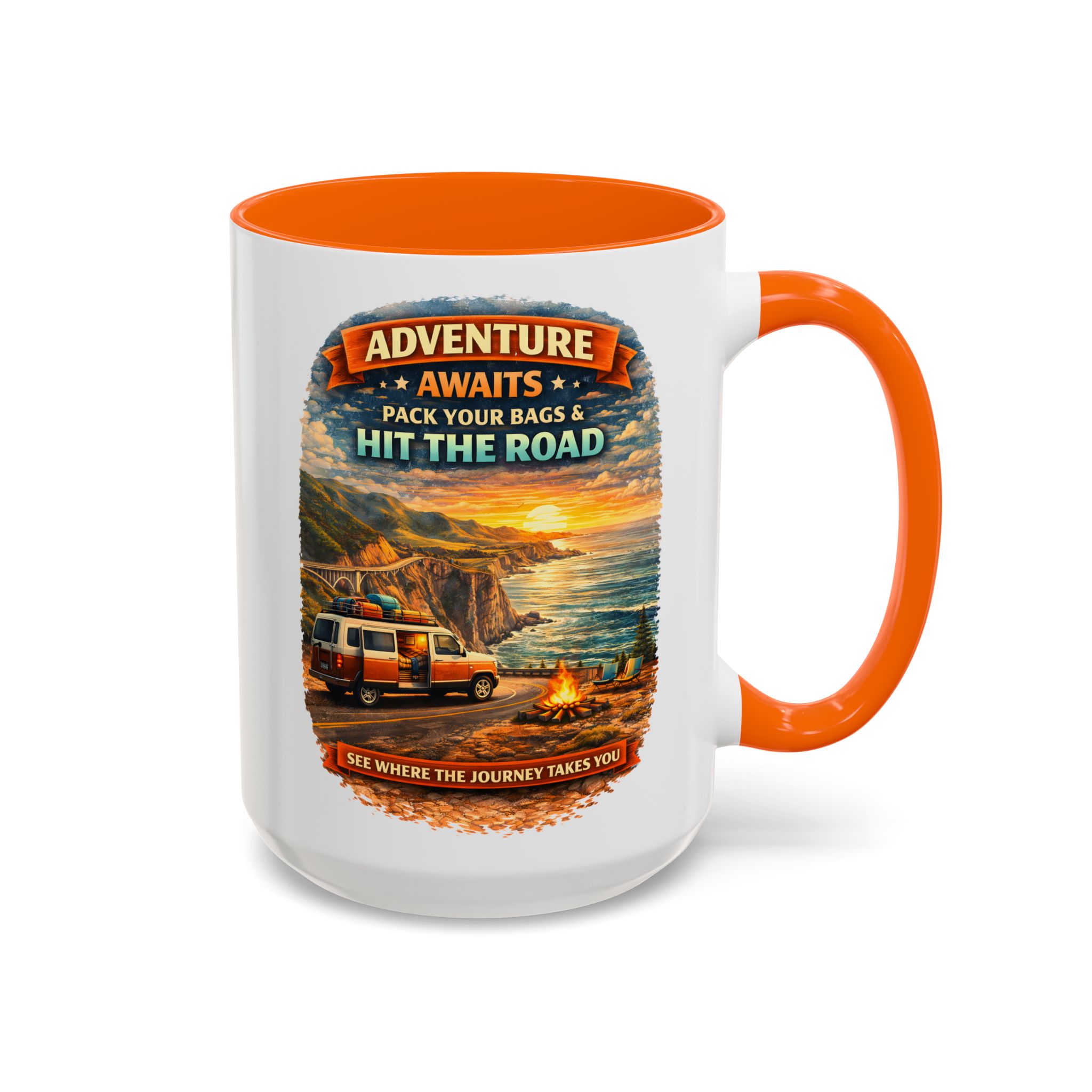 Accent Coffee Mug (11, 15oz) — "Adventure Awaits-Pack Your Bags" Design Scenic-Line