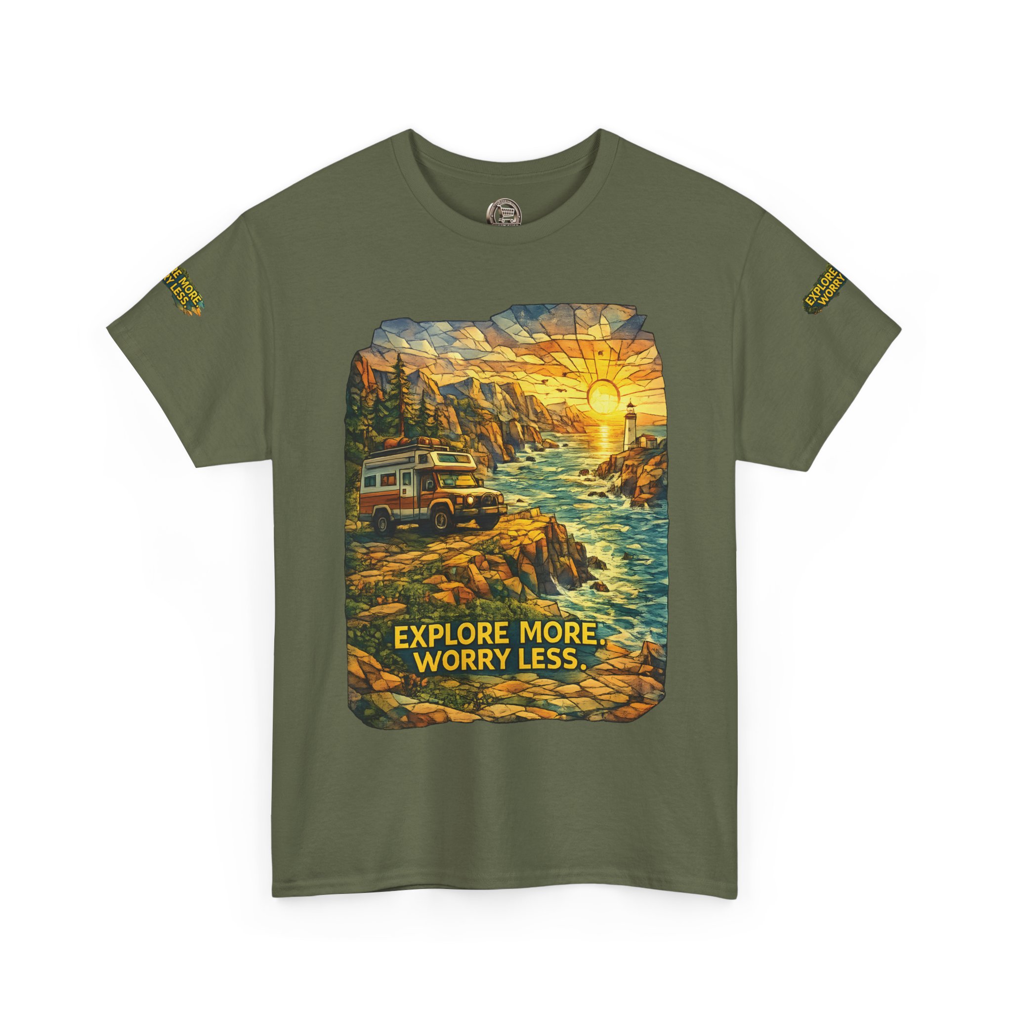 Unisex Heavy Cotton Tee — "Explore More Worry Less" Design Cubic-Line