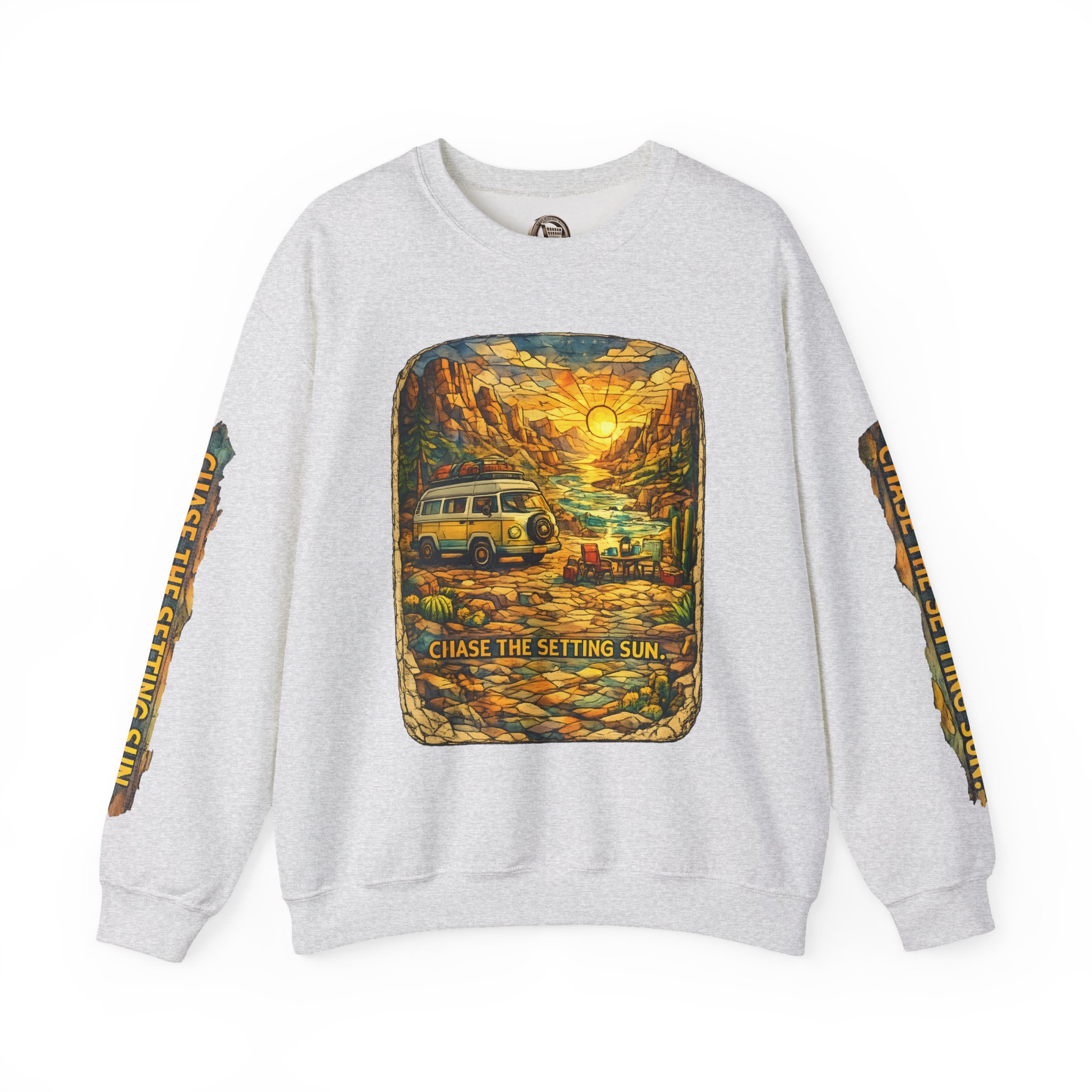 Unisex Heavy Blend™ Crewneck Sweatshirt — "Chase The Settings Sun" Design Cubic-Line
