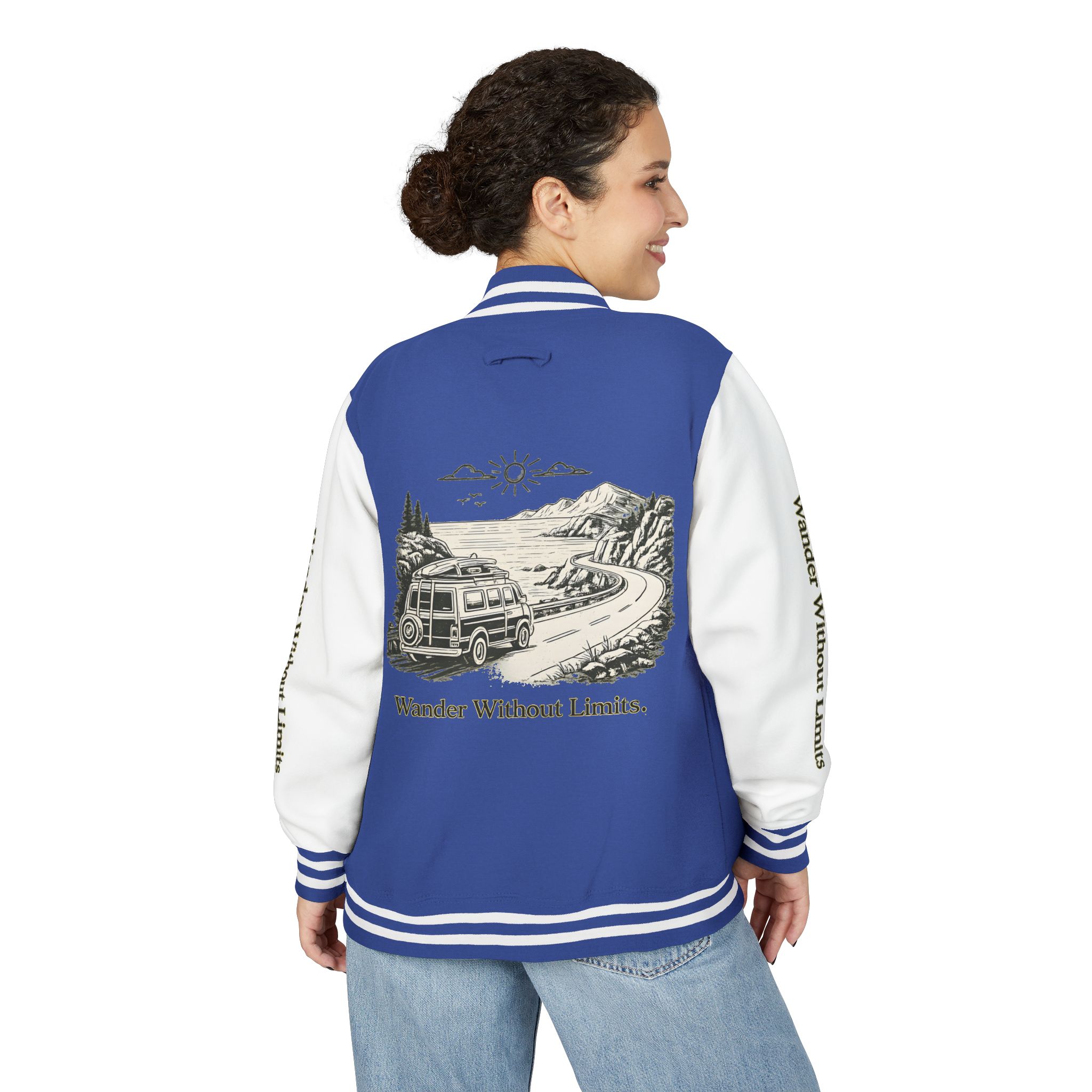 Unisex Heavyweight Letterman Jacket — "Wander Without Limits" Travel Varsity Coat