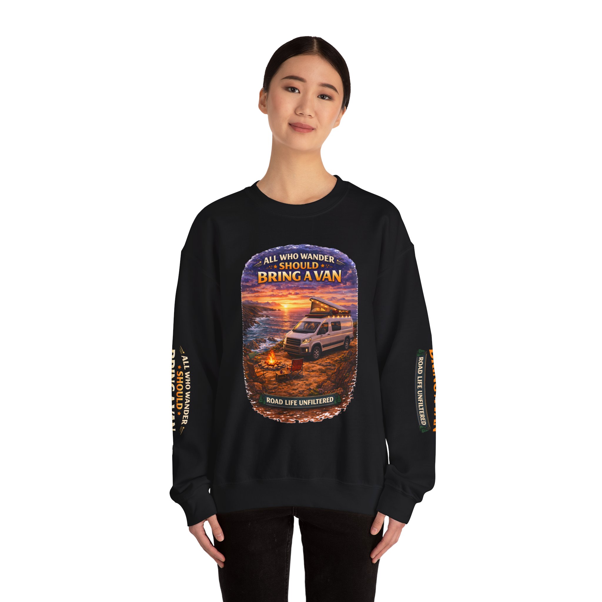 Unisex Heavy Blend™ Crewneck Sweatshirt — "All Who wander Should Bring A Van" Design Scenic-Line
