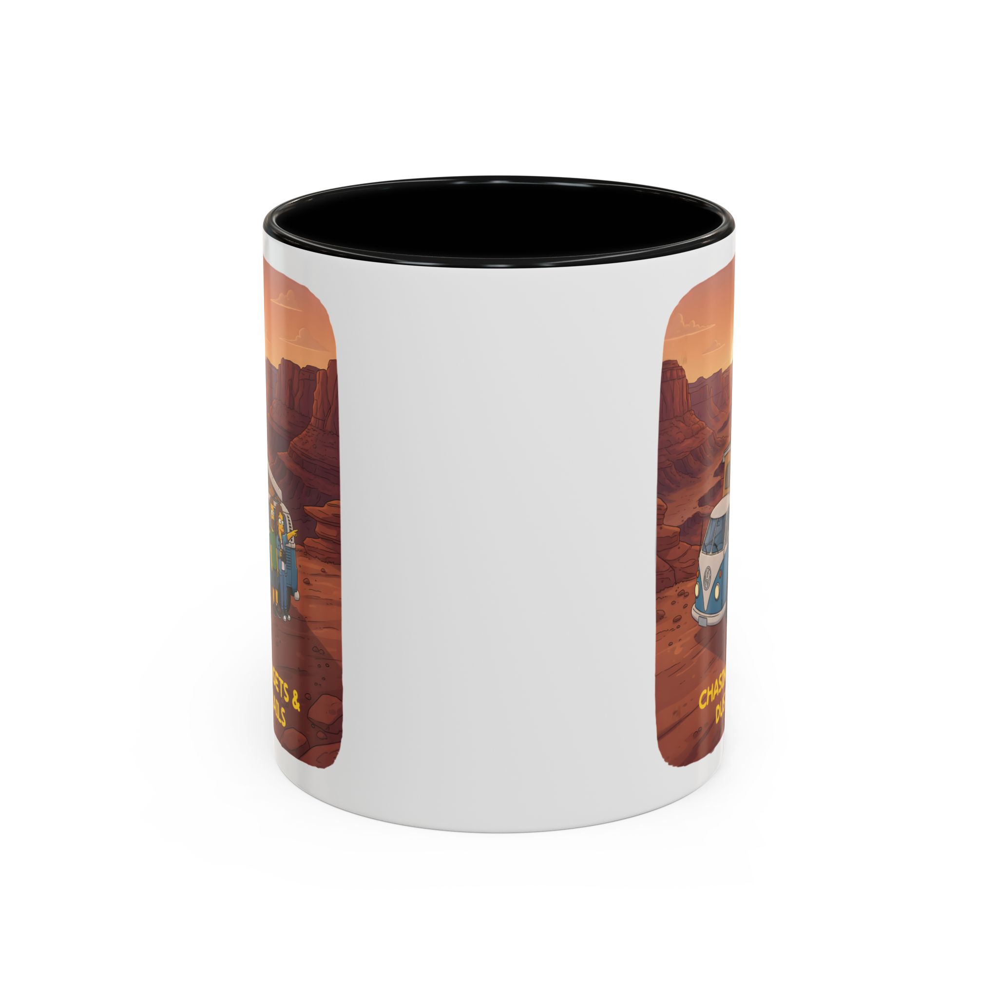 Accent Coffee Mug (11, 15oz) — "Chasing Sunsets And Dusty Trails" Design Sitcom-Line