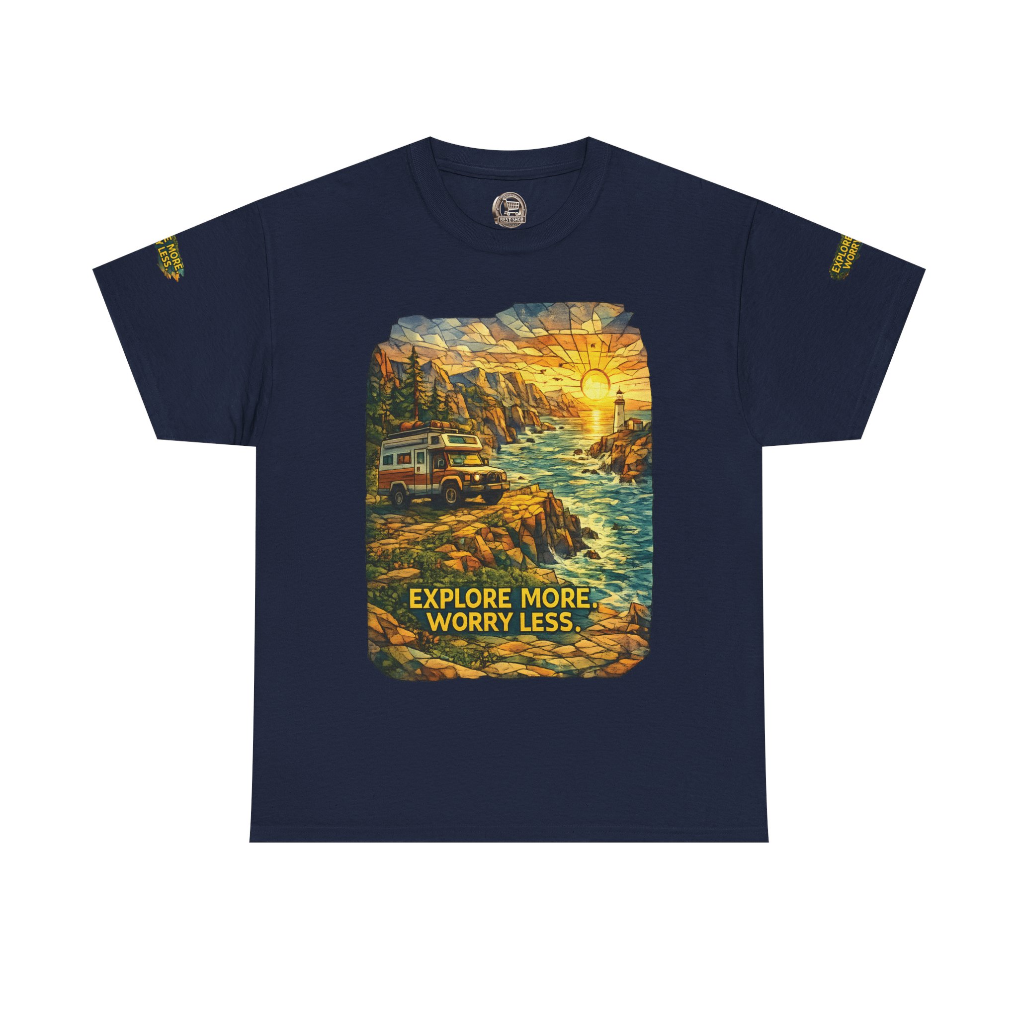 Unisex Heavy Cotton Tee — "Explore More Worry Less" Design Cubic-Line