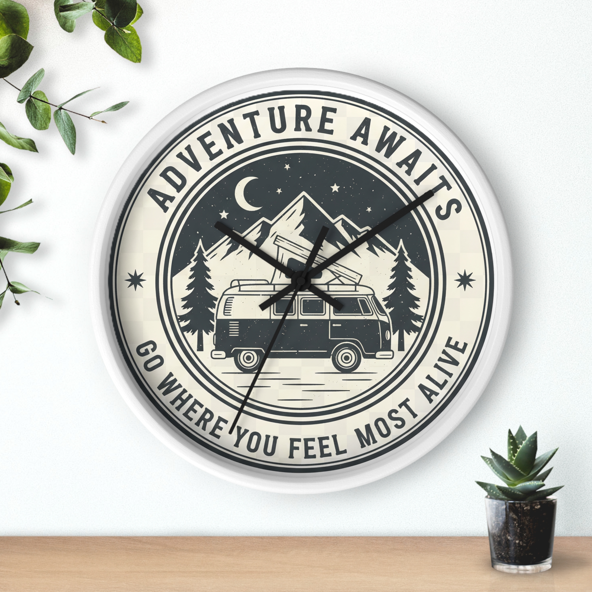 Wall Clock — "Adventure Awaits-Go Where You Feel Most Alive" Camper Van Mountain Travel Timepiece