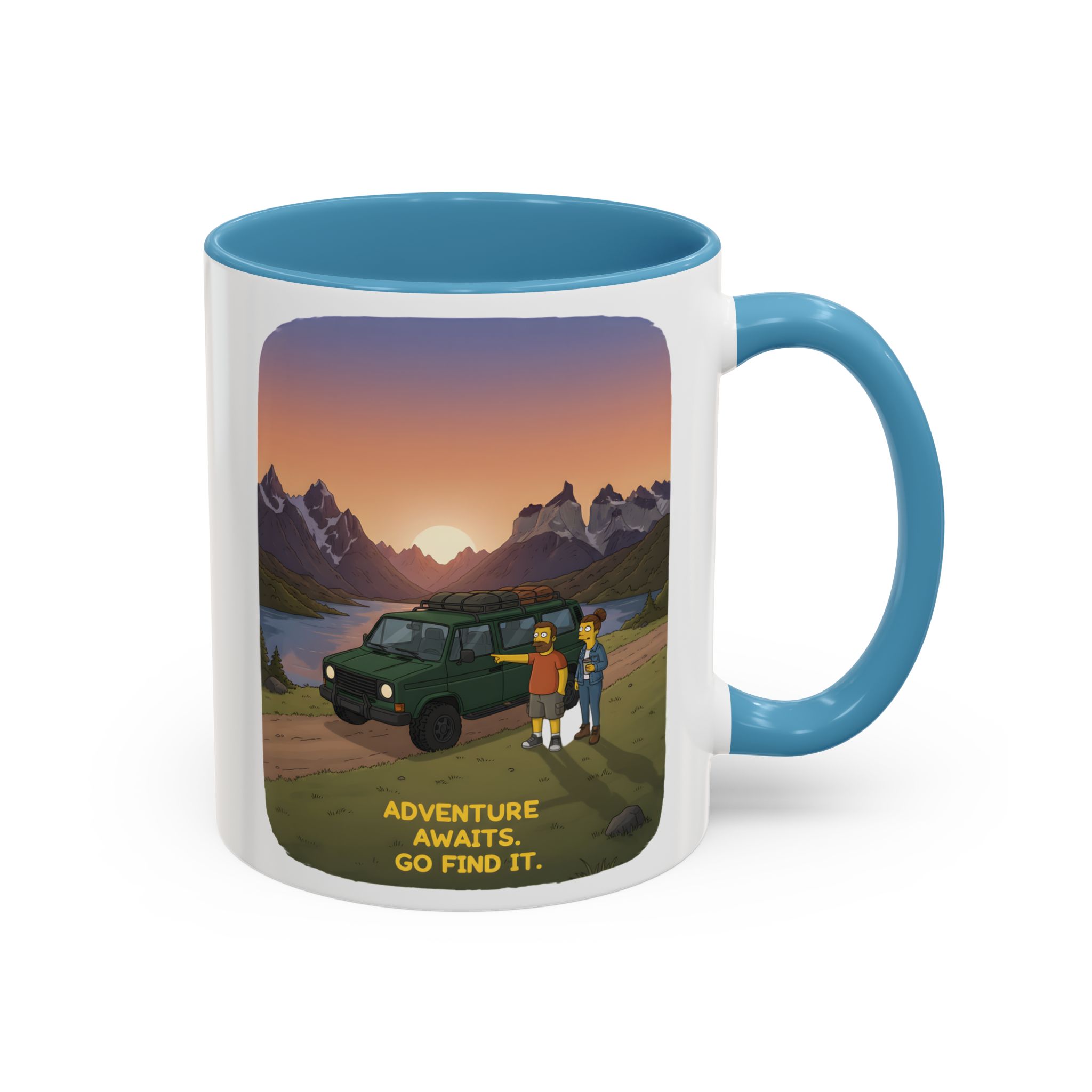 Accent Coffee Mug (11, 15oz) — "Adventure Awaits-Go Find It" Design Sitcom-Line