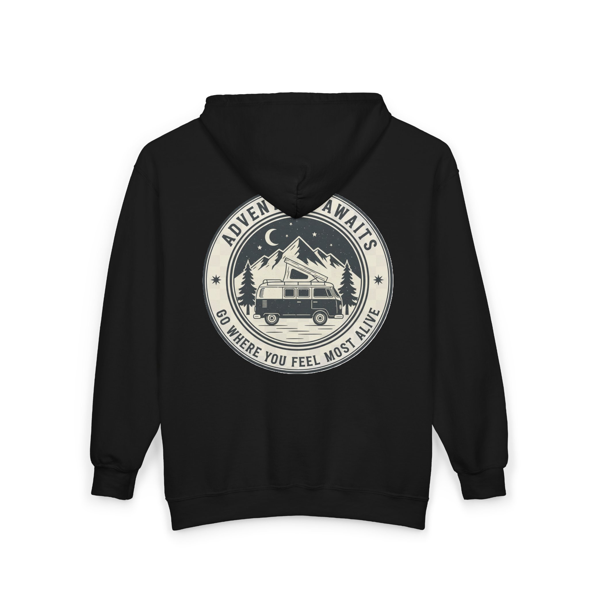 Zip Hoodie — "Adventure Awaits-Go Where You Feel Most Alive" (Only Back Printed) Camper Van Adventure Zip-Up
