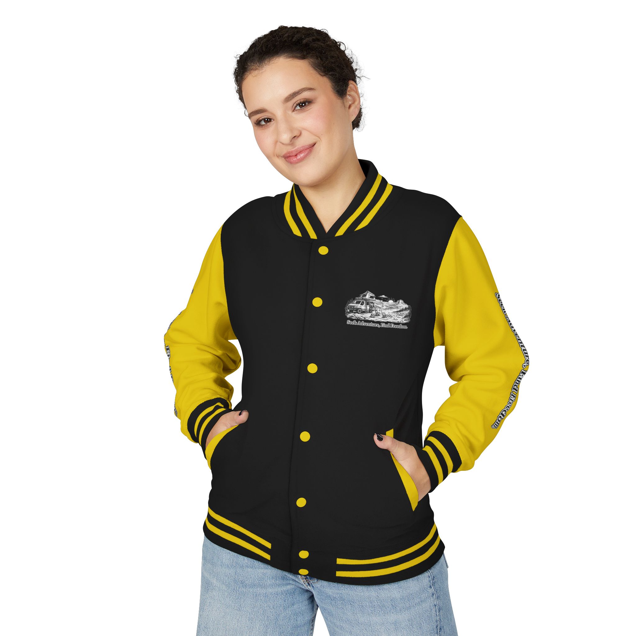 Unisex Heavyweight Letterman Jacket — "Seek Adventure, Find Freedom" Travel Varsity Coat