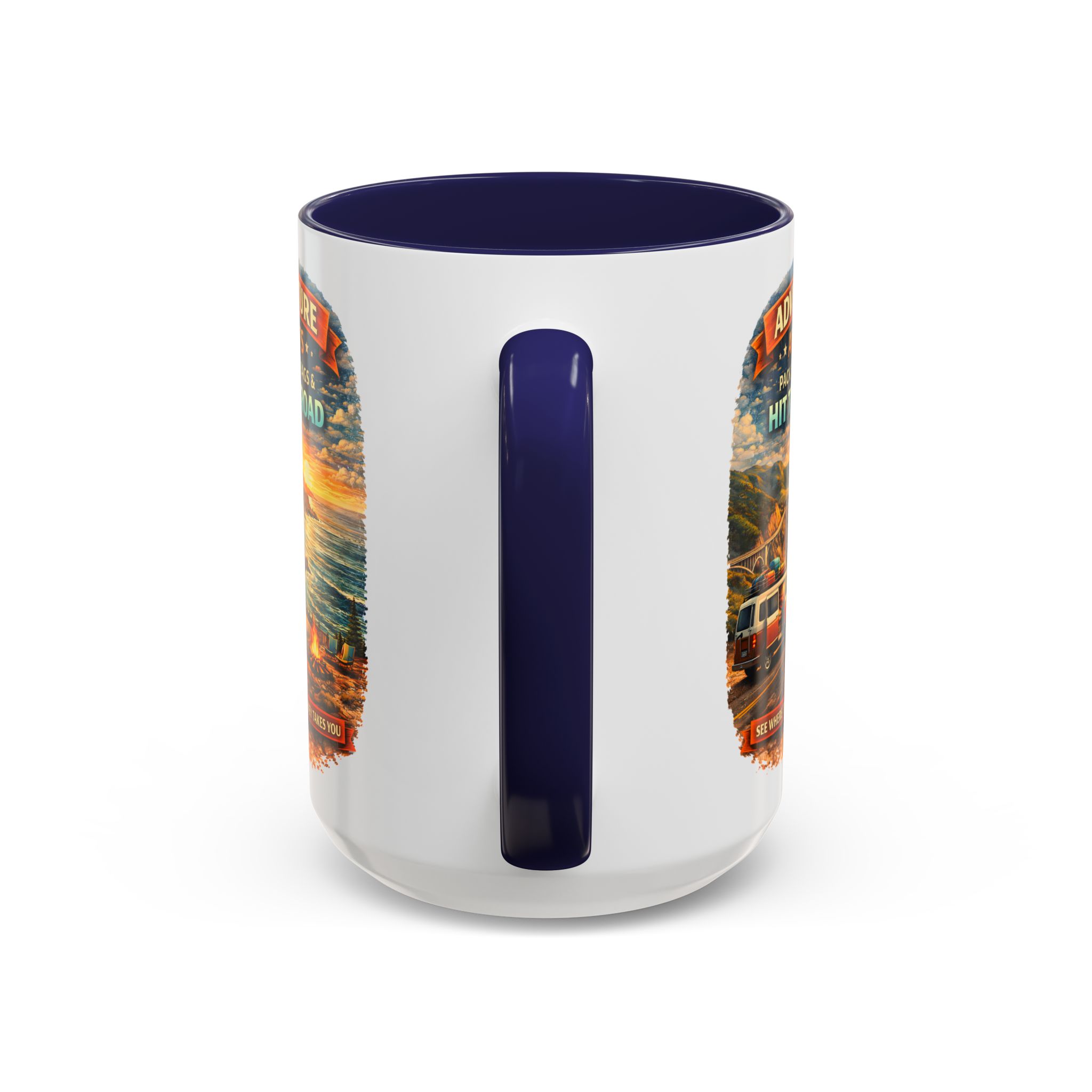 Accent Coffee Mug (11, 15oz) — "Adventure Awaits-Pack Your Bags" Design Scenic-Line