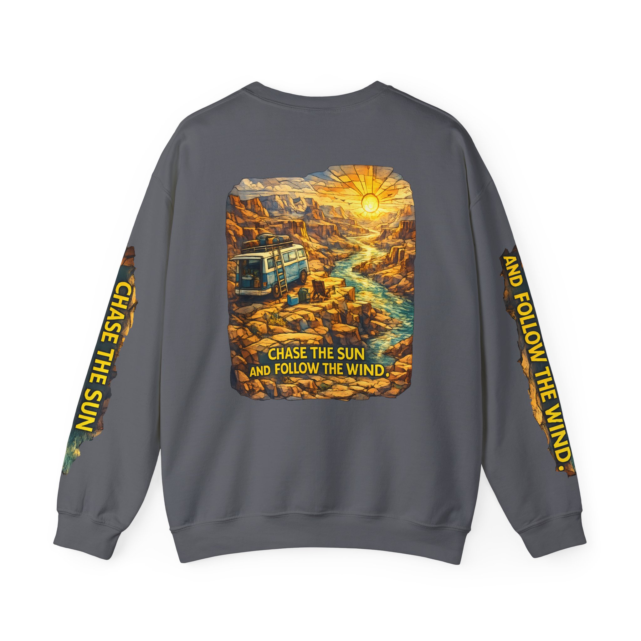 15332454350388250334_2048.jpeg Unisex Heavy Blend™ Crewneck Sweatshirt — "Chase The Sun And Follow The Wind" Design Cubic-Line