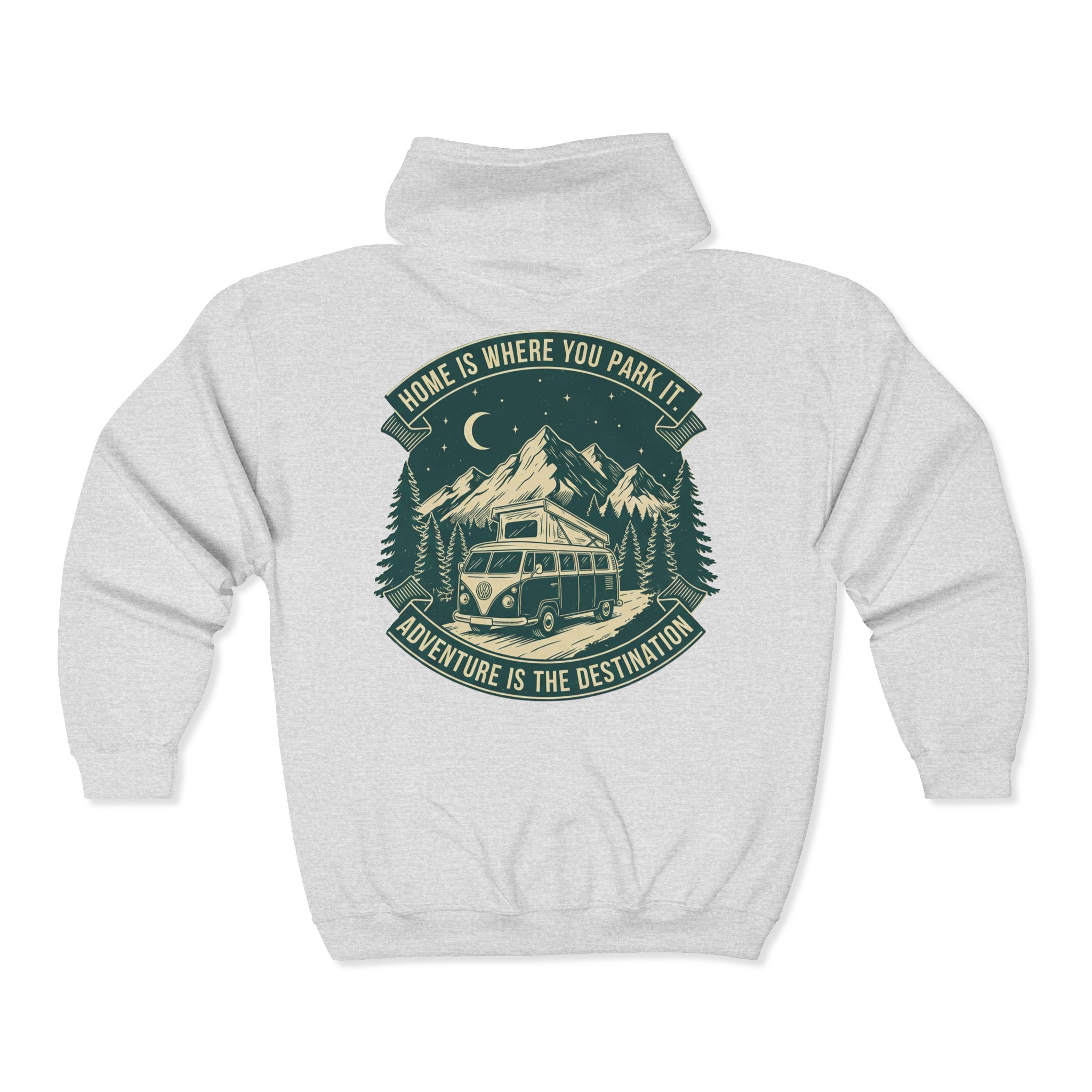 15332843352534369812_2048.jpeg Zip Hoodie — "Home Is Where You Park It-Adventure is the destination"(Front + Back Printed) Camper Van Adventure Zip-Up
