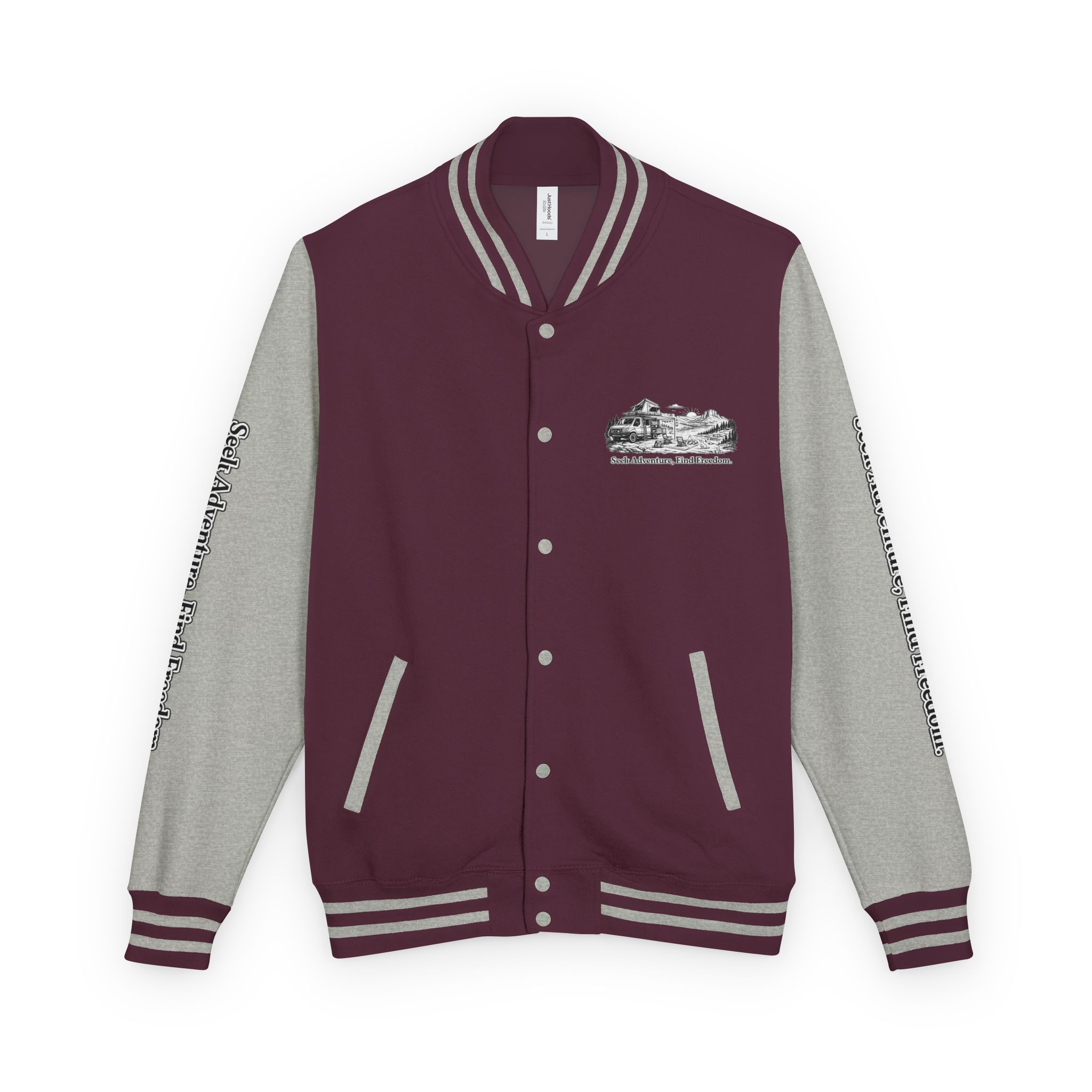 Unisex Heavyweight Letterman Jacket — "Seek Adventure, Find Freedom" Travel Varsity Coat
