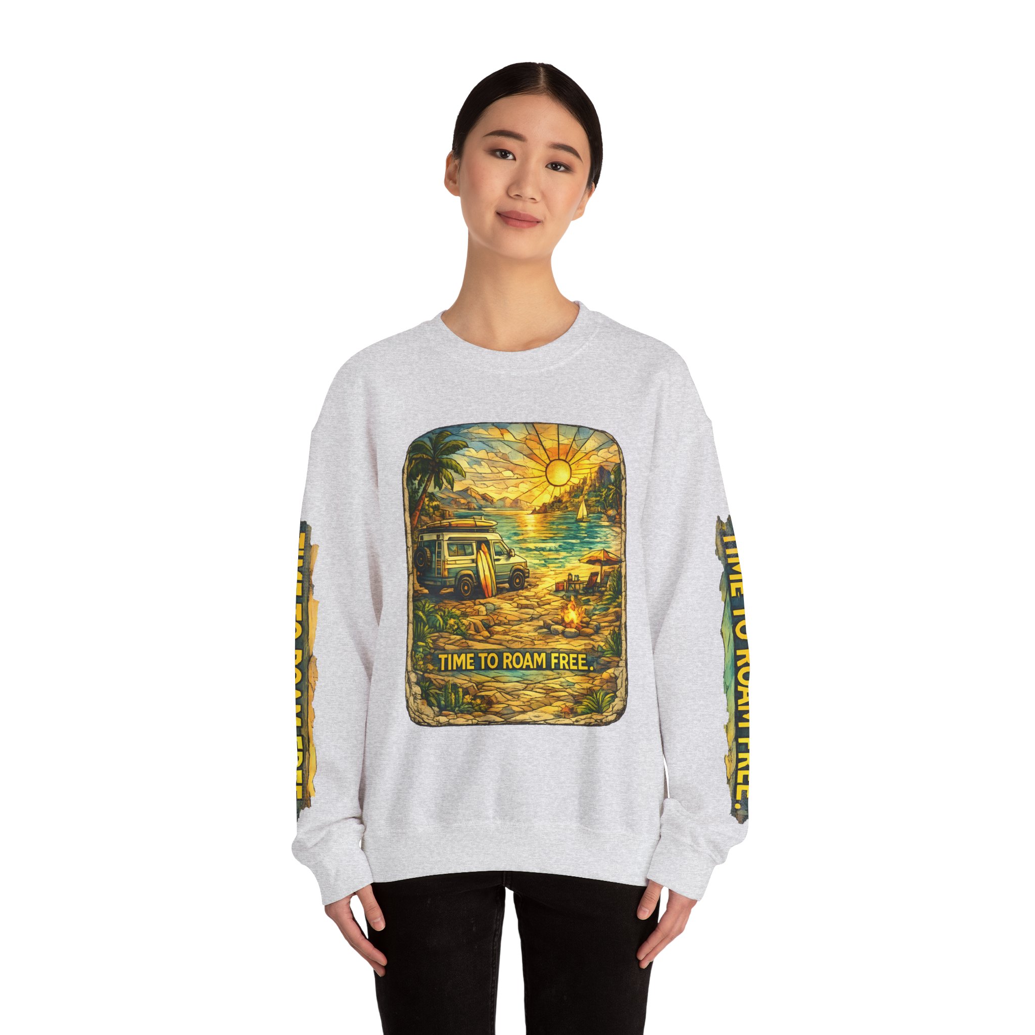Unisex Heavy Blend™ Crewneck Sweatshirt — "Time To Roam Free" Design Cubic-Line